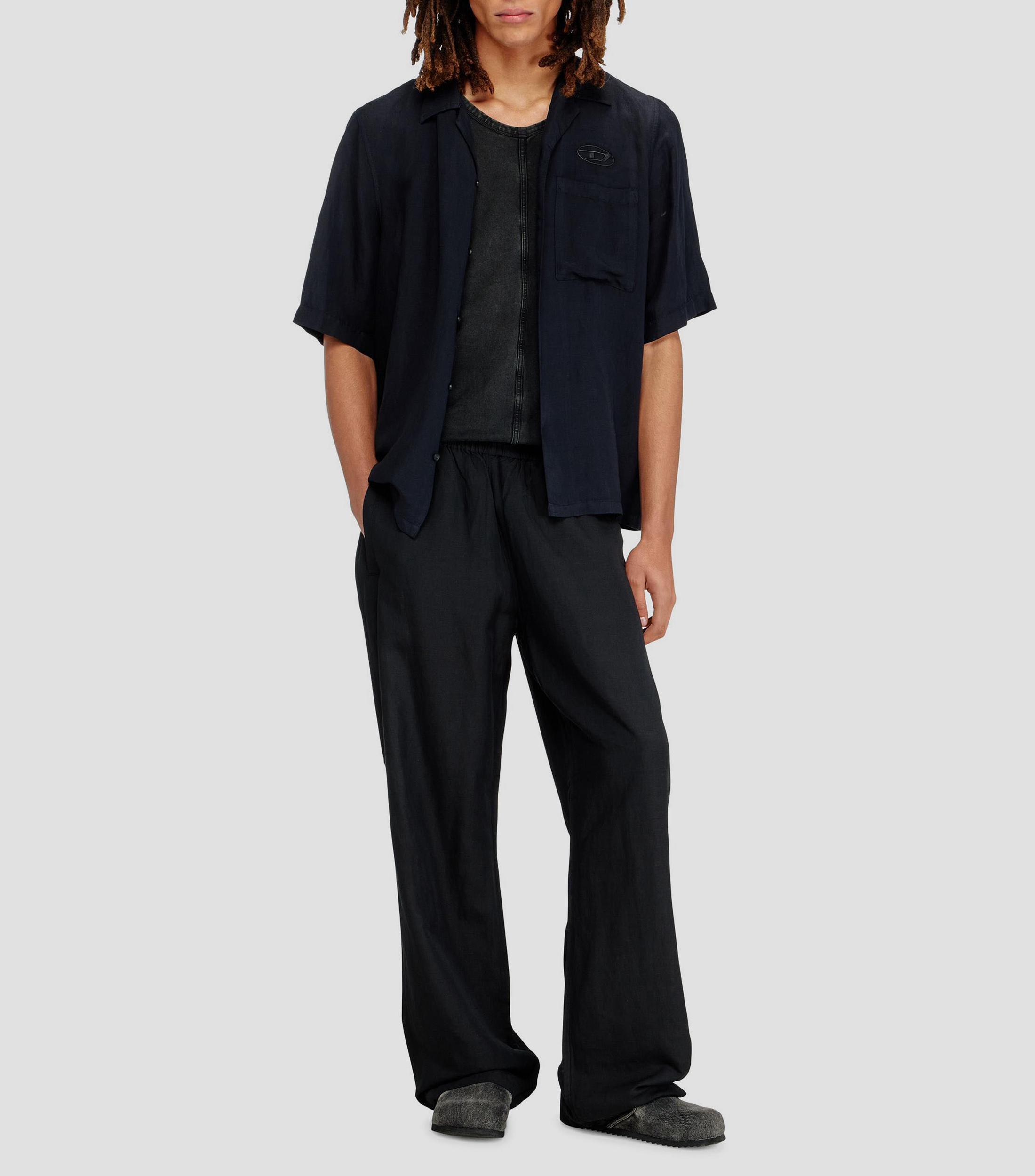 Camisa de mezcla de lino lisa manga corta Hombre
