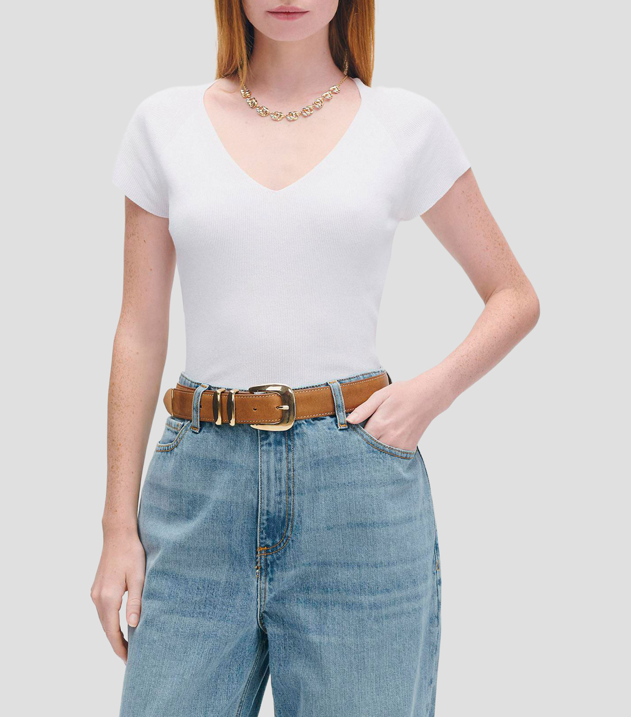 Blusa tejido de punto escote V manga corta ranglan en combinación Mujer