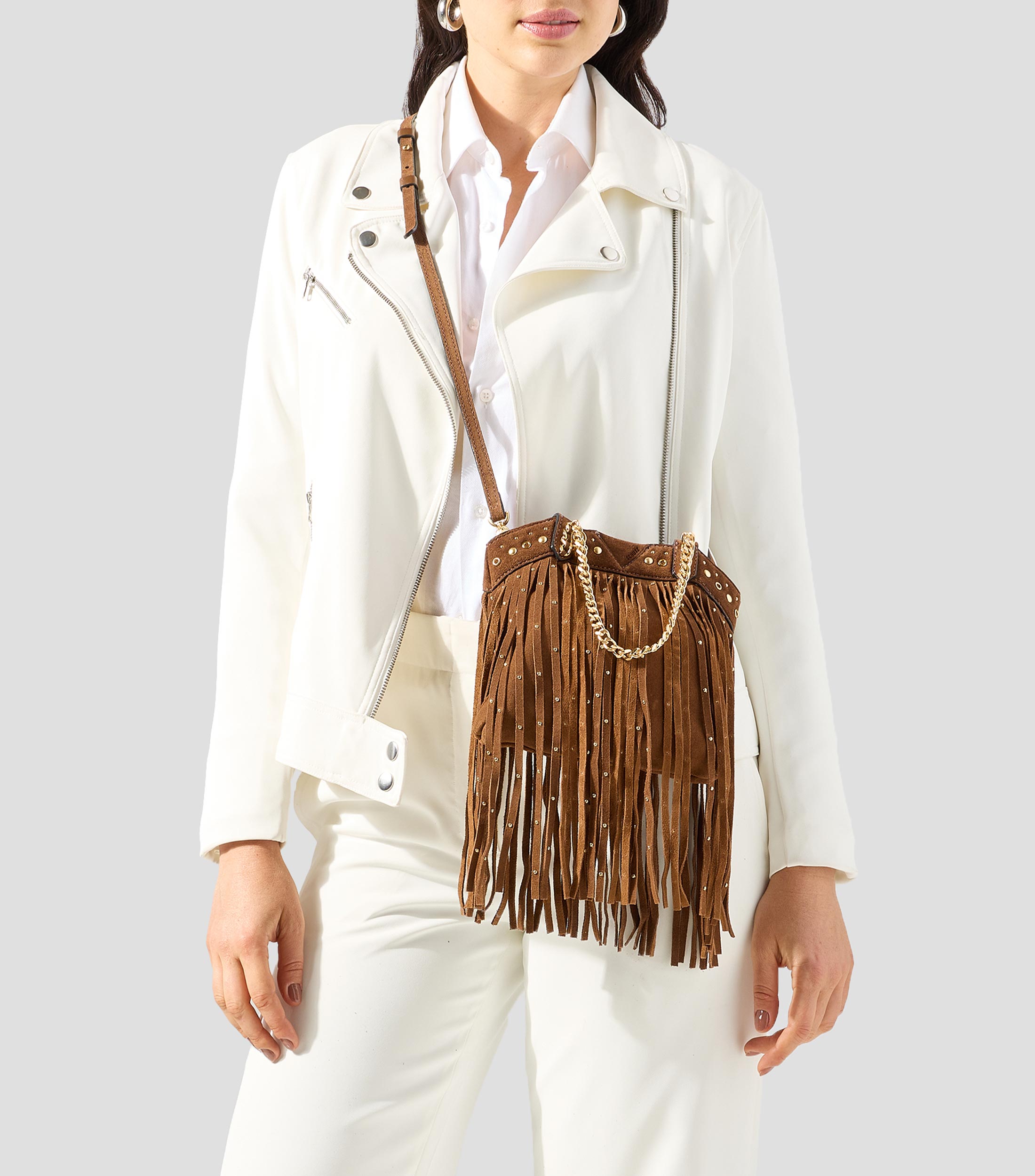 Bolsa crossbody café en piel Vita Boho fantasía Mujer