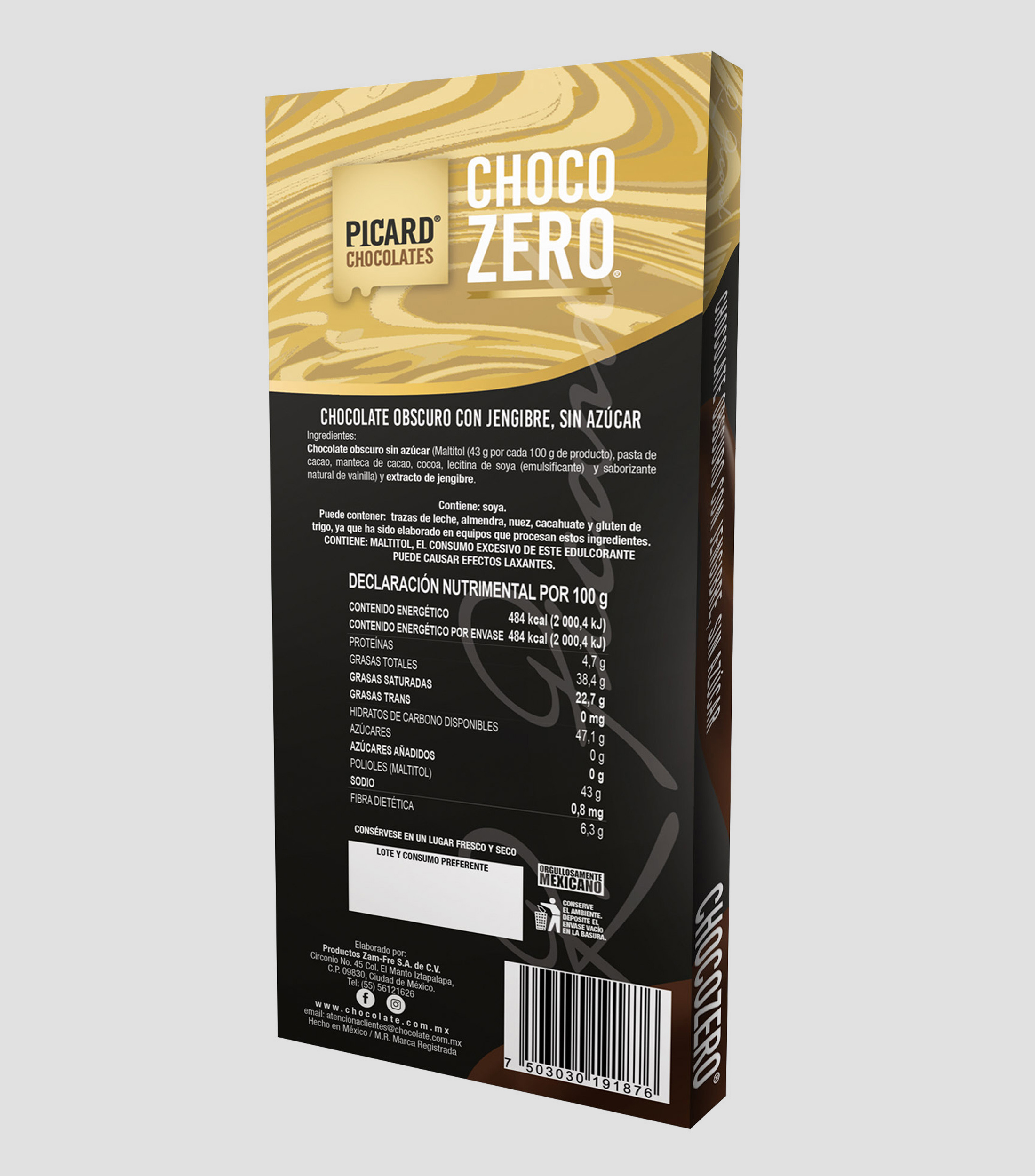 Barra Chocolate Obscuro con jengibre sin azúcar, 100 g