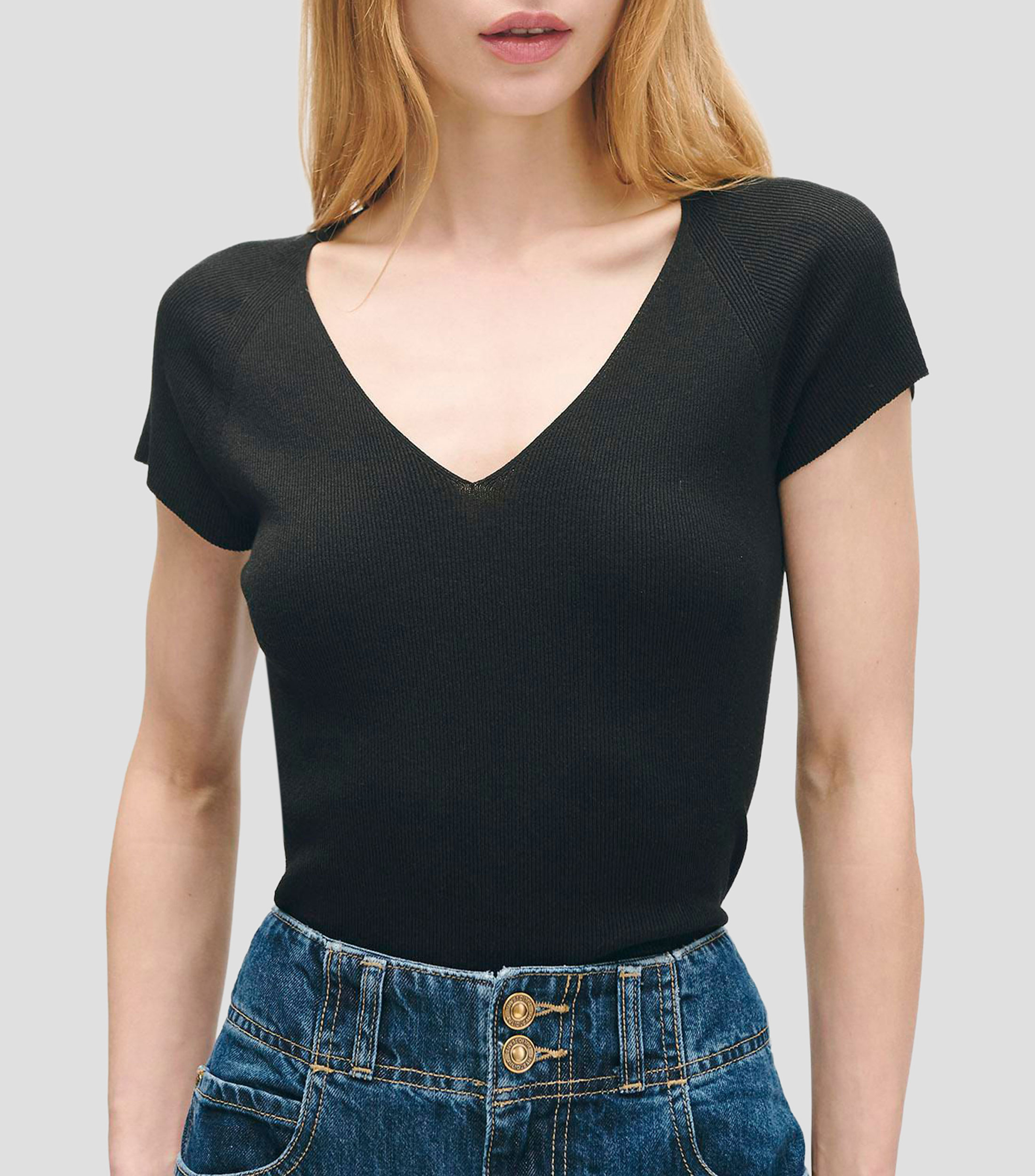 Blusa tejido canalé escote V manga corta ranglán en combinación Mujer