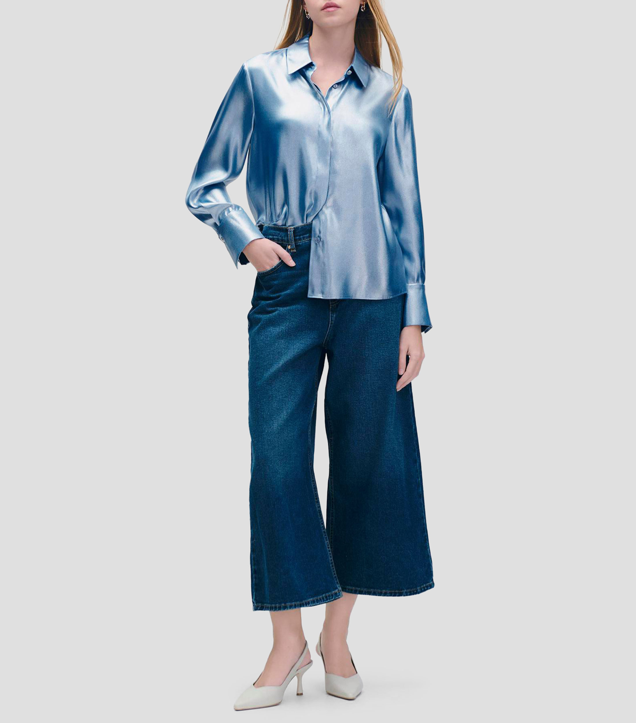 Blusa camisera de satín laminado Mujer