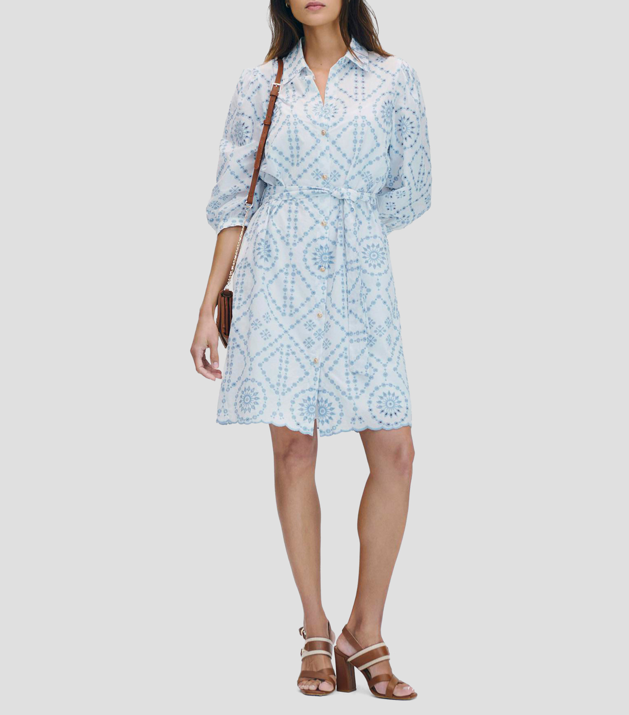 Vestido Camisero Bordado Calado En Contraste Mujer