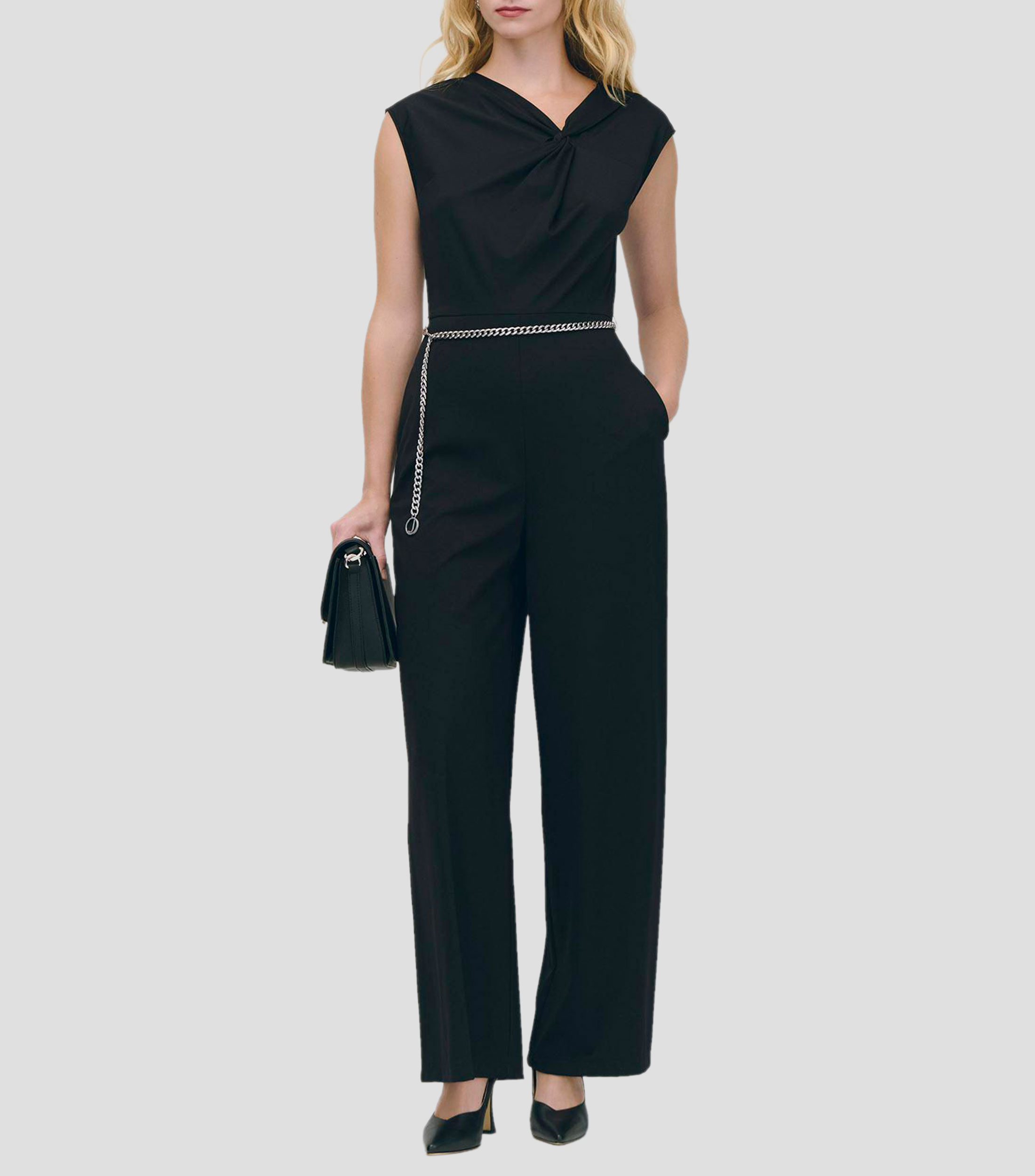 Jumpsuit Palazzo Negro Stretch Nudo En Escote Y Cadena Mujer
