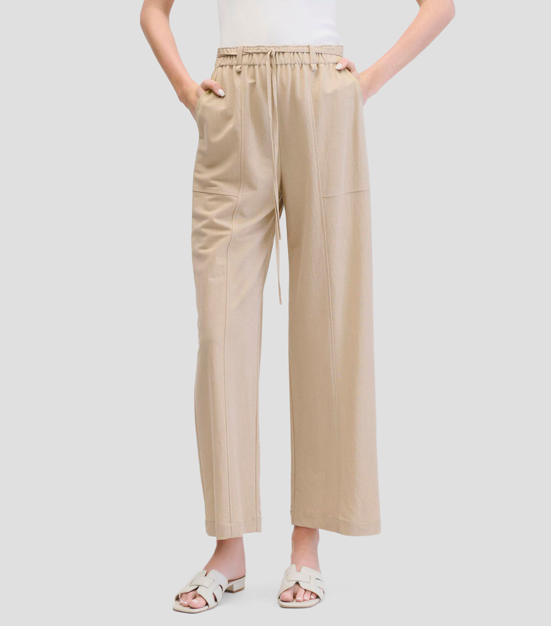 Pantalón Wideleg Tiro Alto Arena Pretina Enresortada Con Jaretas Mujer
