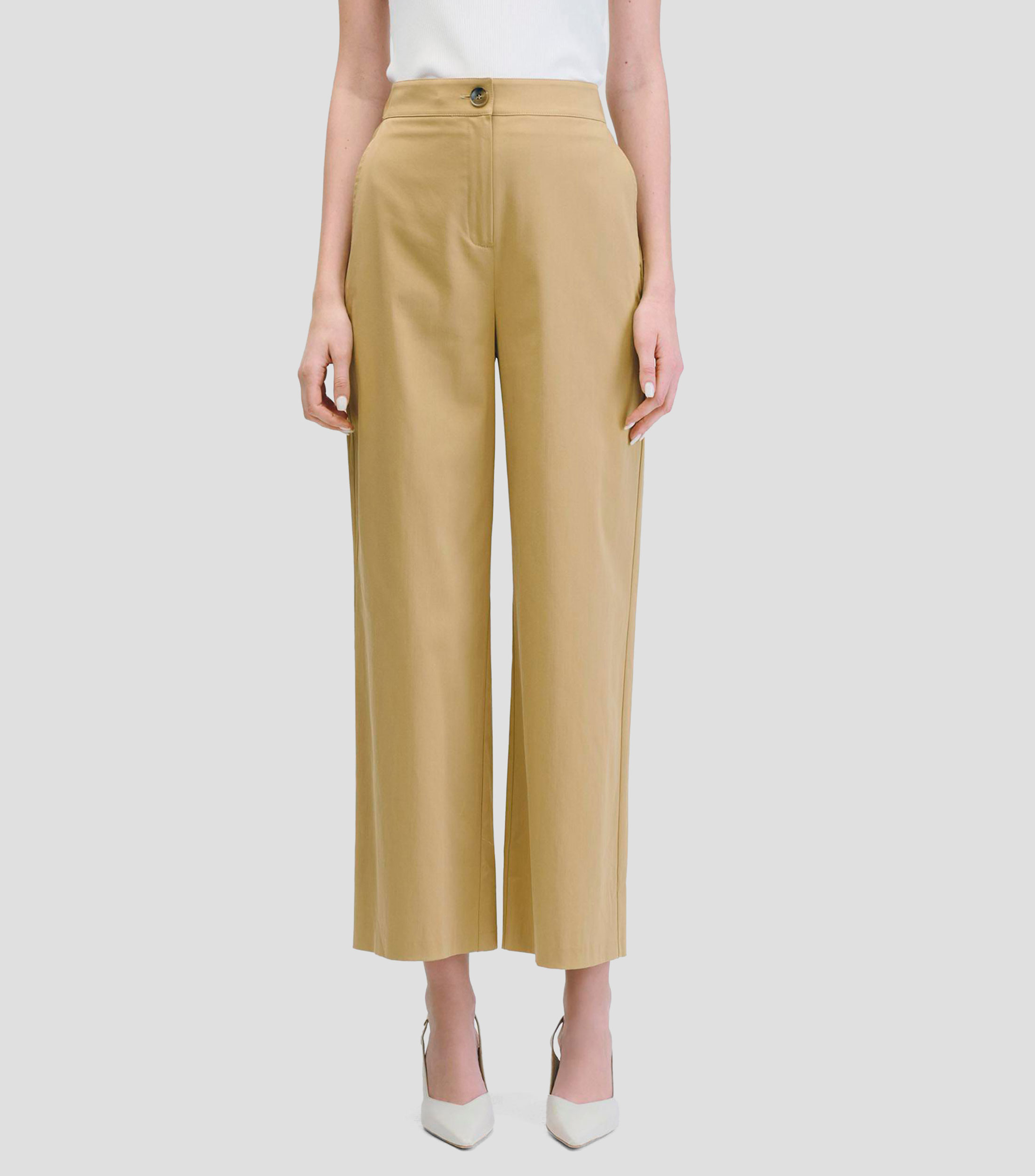 Pantalón wideleg tiro alto camel pretina enresortada Mujer