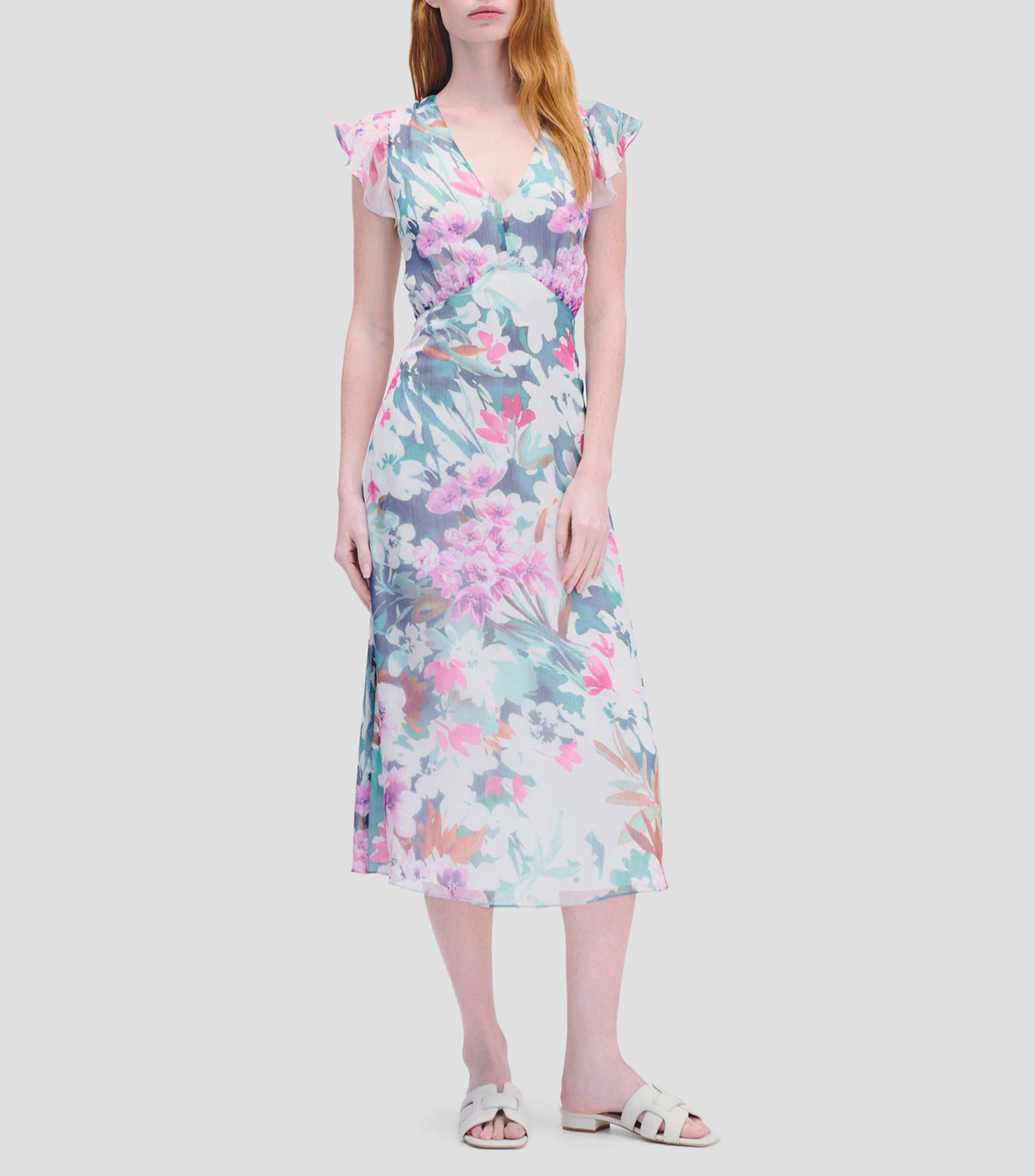 Vestido Midi Corte Imperio Chifón Floral Acuarela Manga corta Mujer
