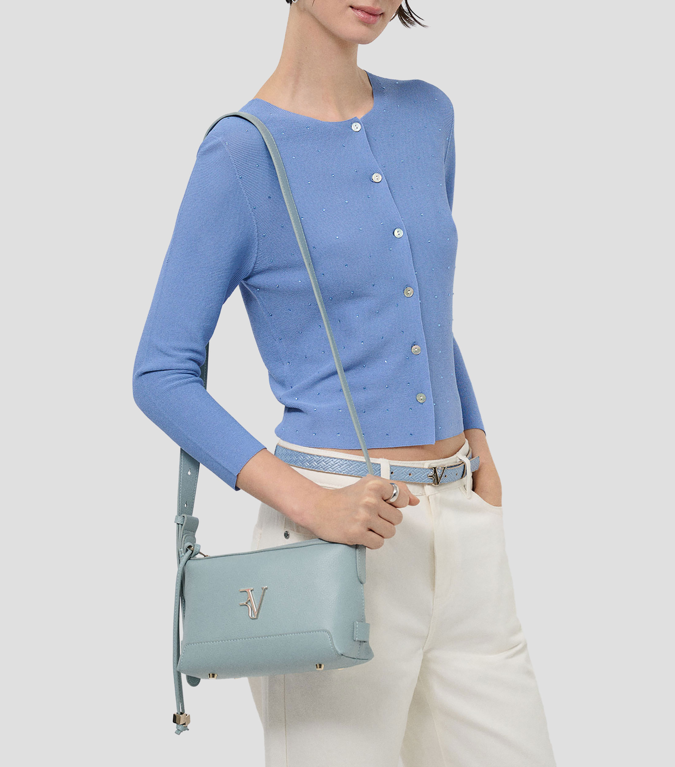 Bolsa crossbody azul en piel lisa Mujer