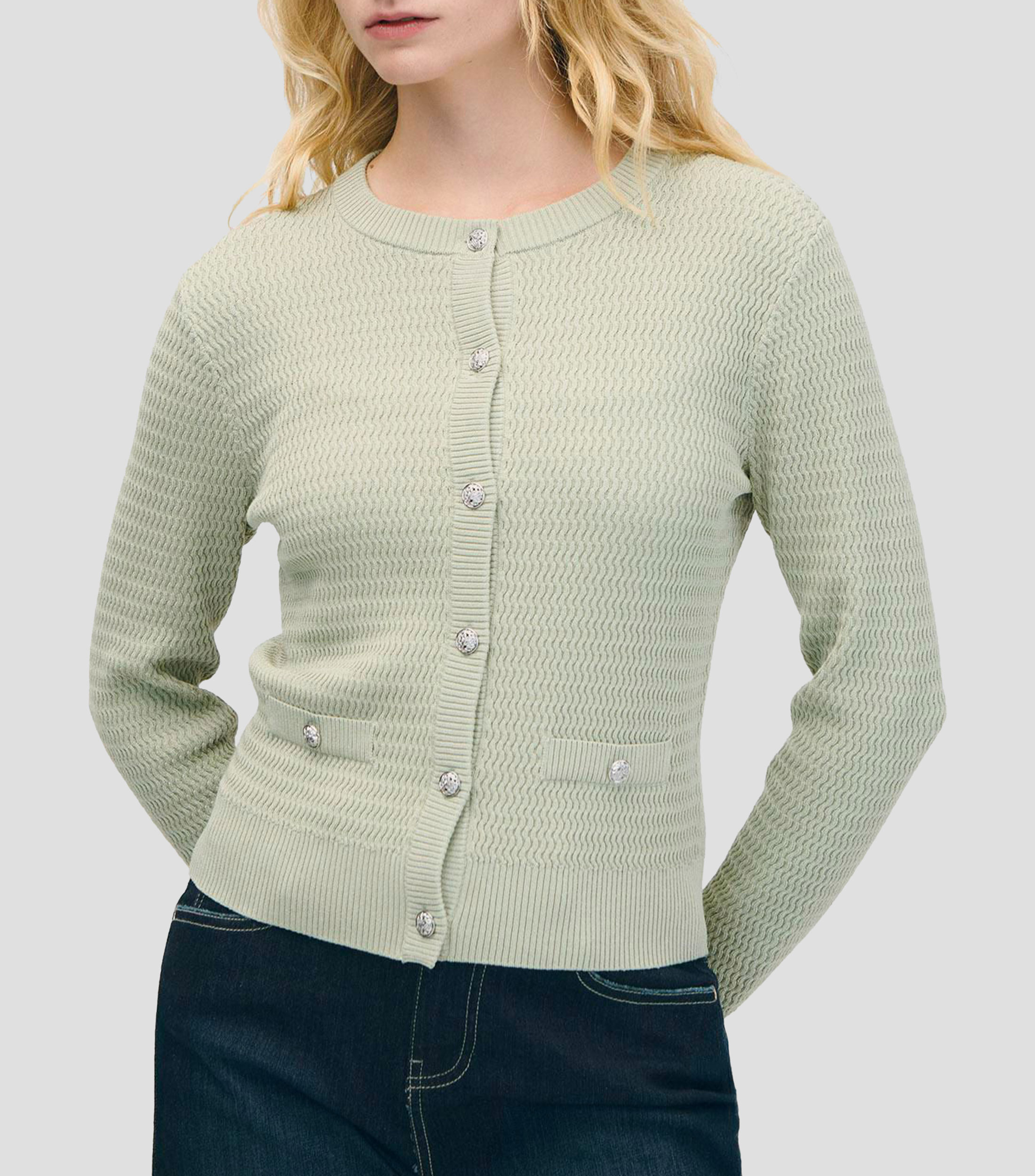 Cárdigan Tejido De Punto Ondulado Verde Musgo Mujer