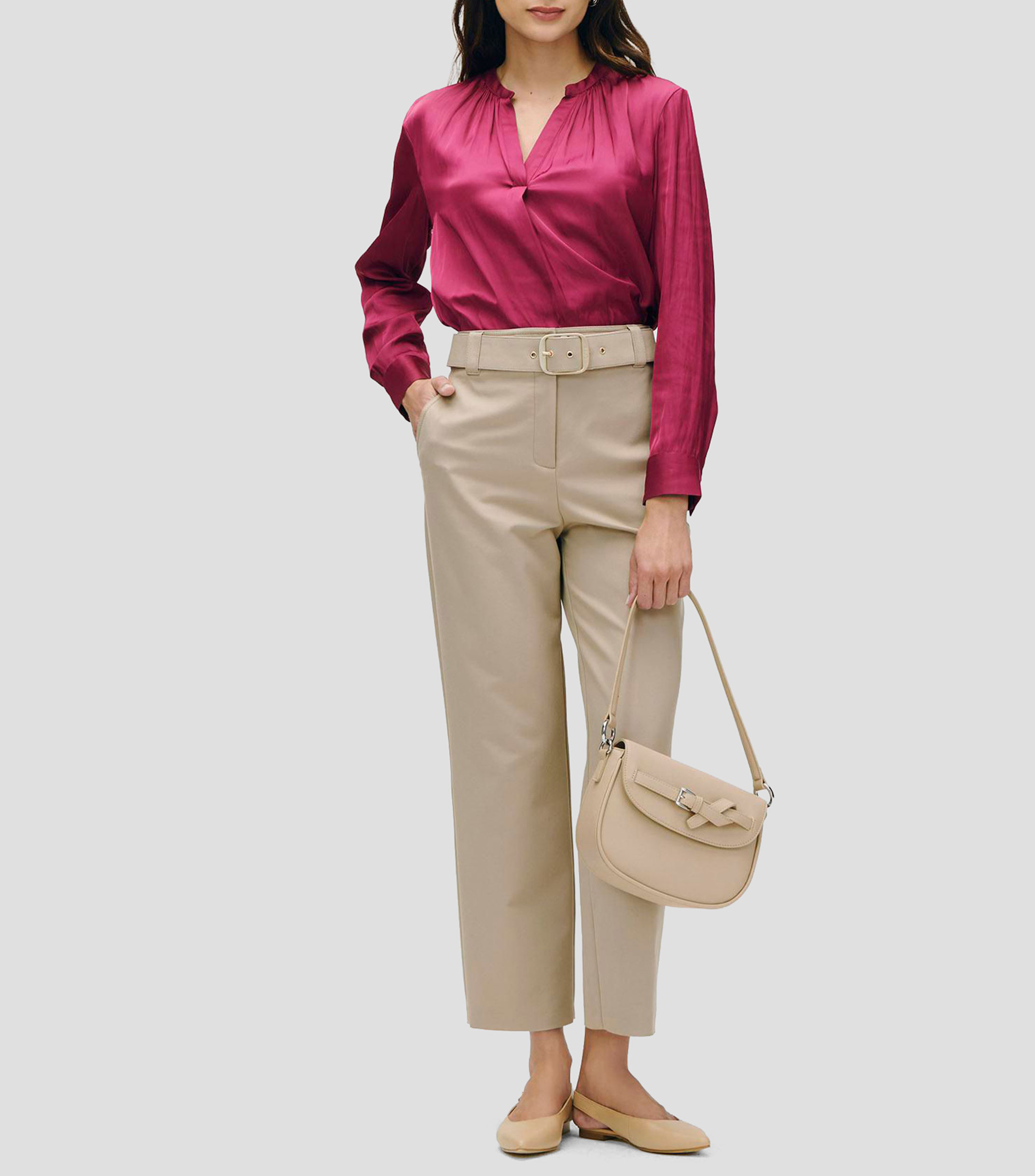Blusa de satín fucsia escote V cuello mao efecto corrugado Mujer