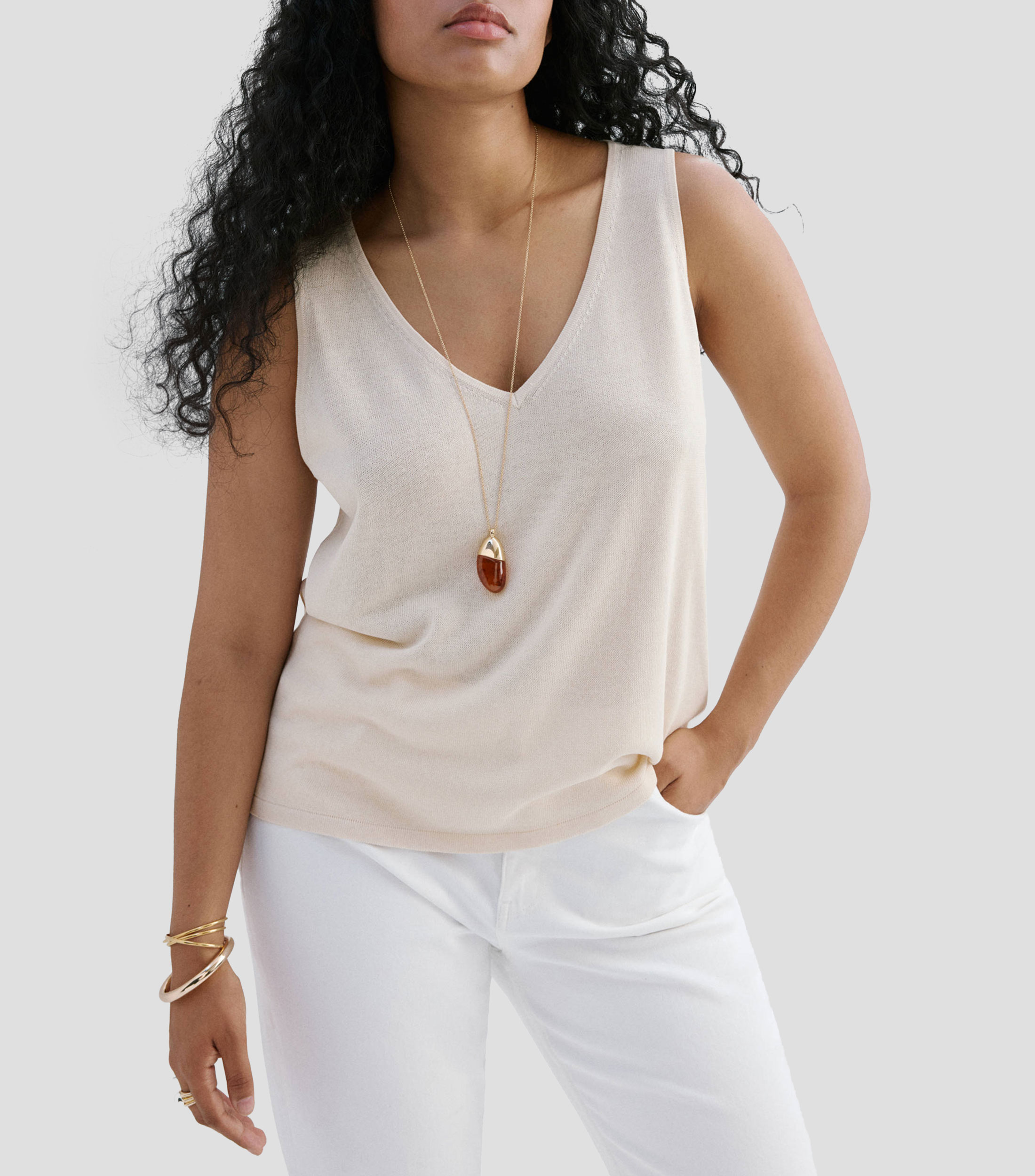 Top cuello V sin mangas liso Mujer
