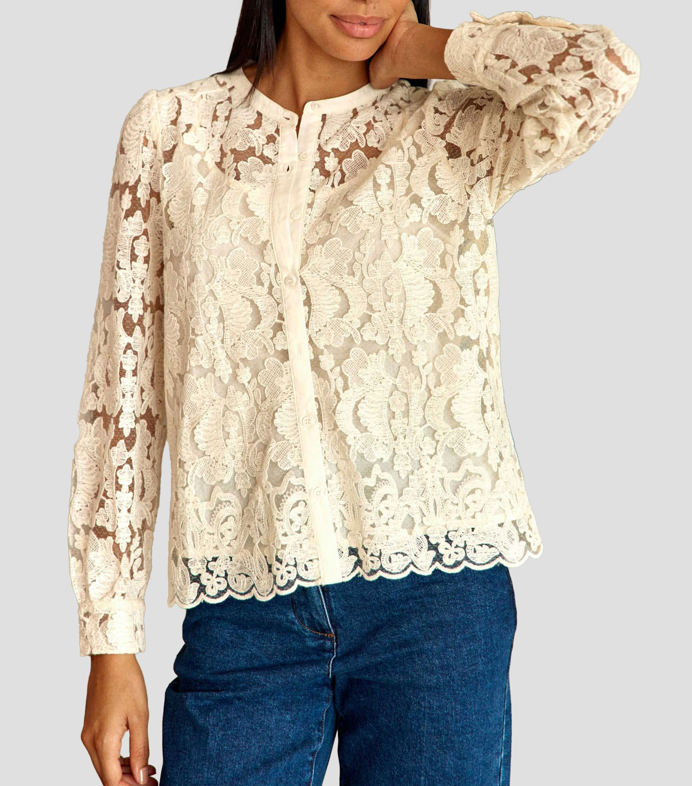 Blusa con encaje manga larga Mujer
