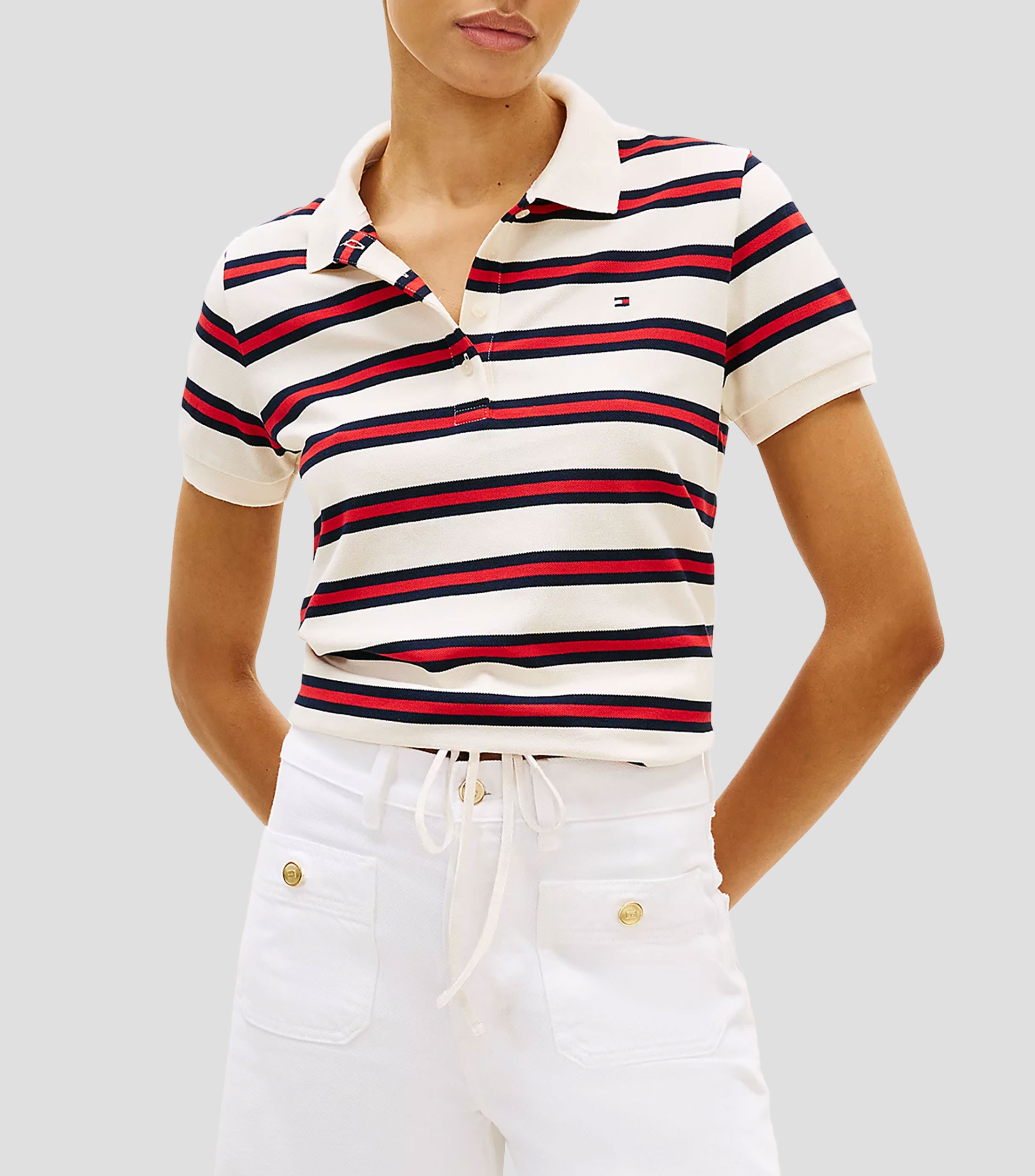 Playera tipo polo de manga corta a rayas Mujer