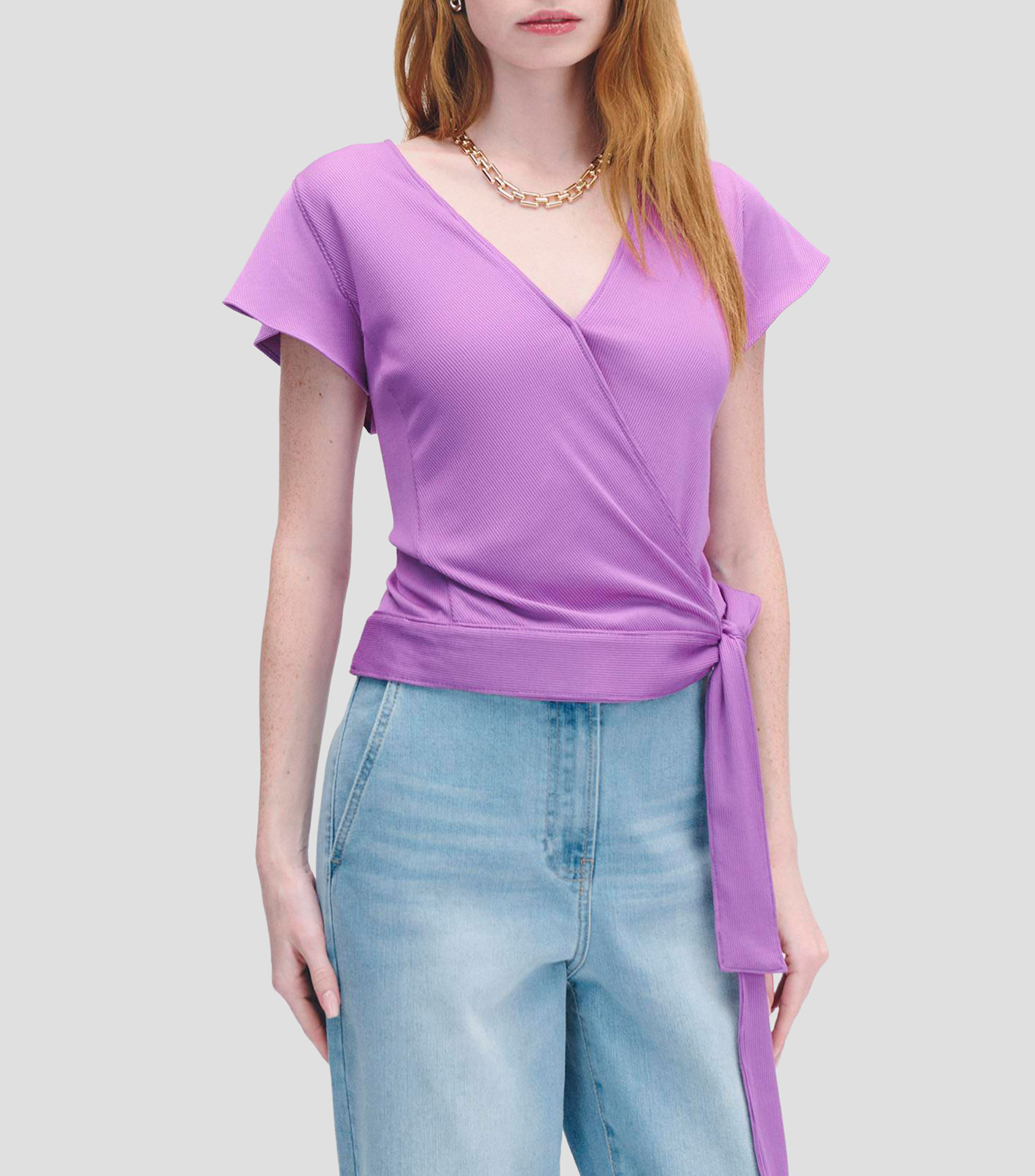 Blusa Envolvente Tejido Canalé Lavanda Amarre y Manga Escarola Mujer