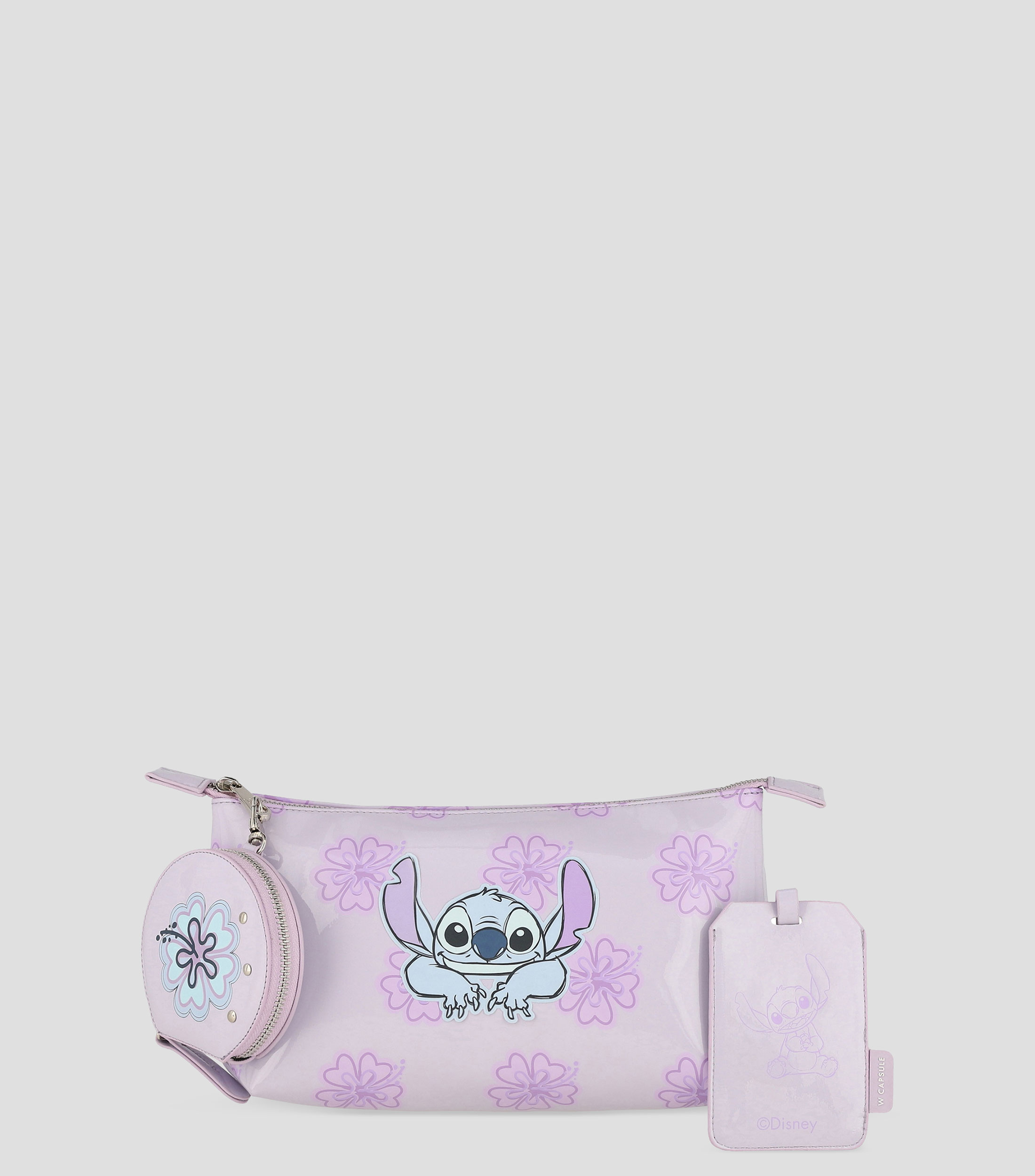 Set de cosmetiquera, cartera y tag morado Stitch estampado Niña
