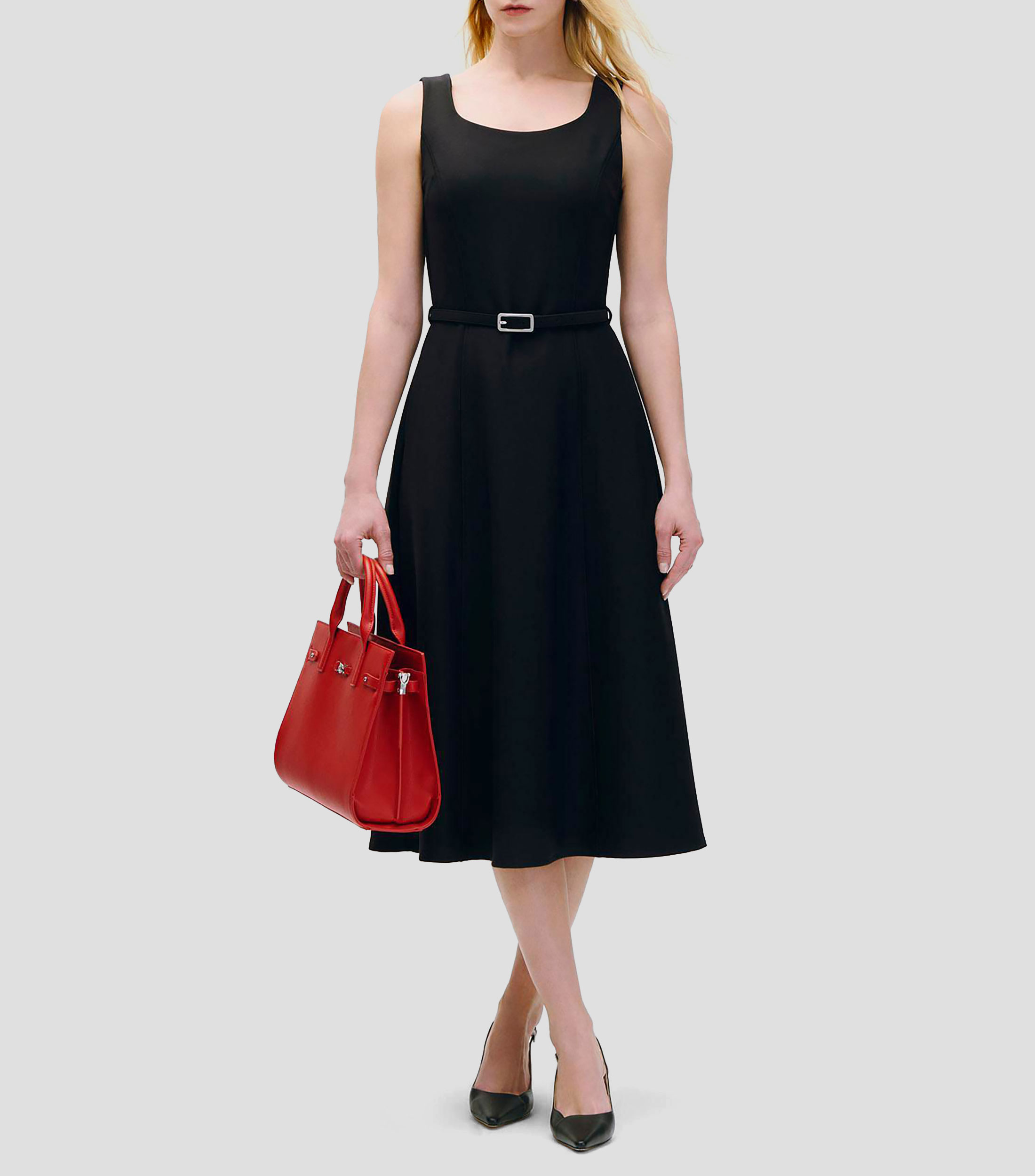 Vestido línea a de punto con cinturón Mujer