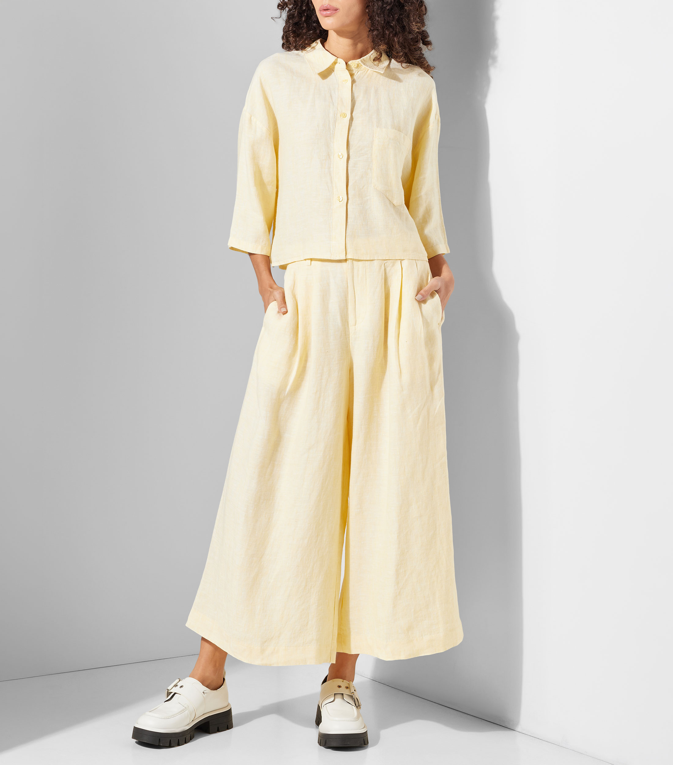 Camisa lisa de lino manga 3/4 Mujer