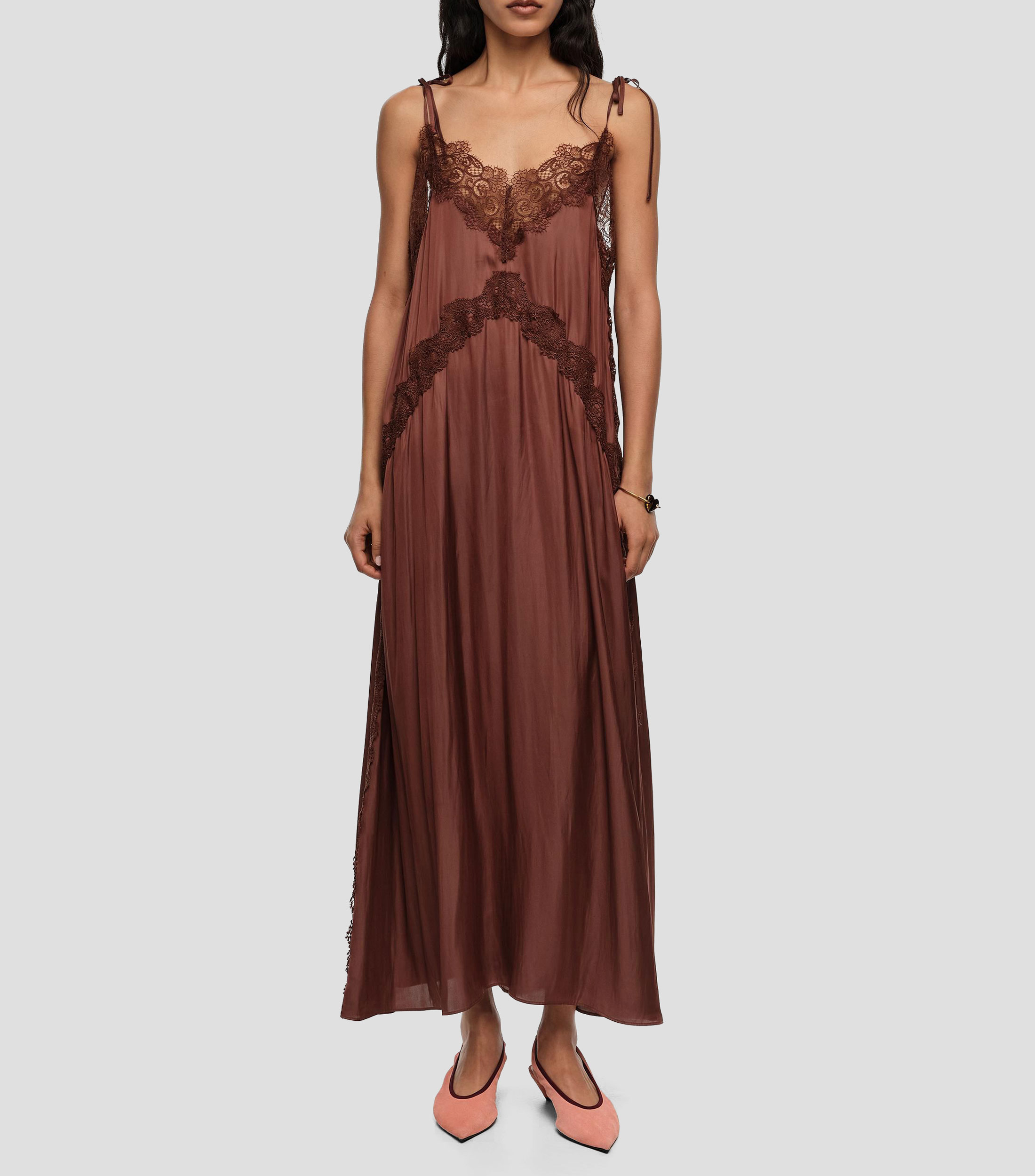 Vestido fluido encaje marrón Mujer