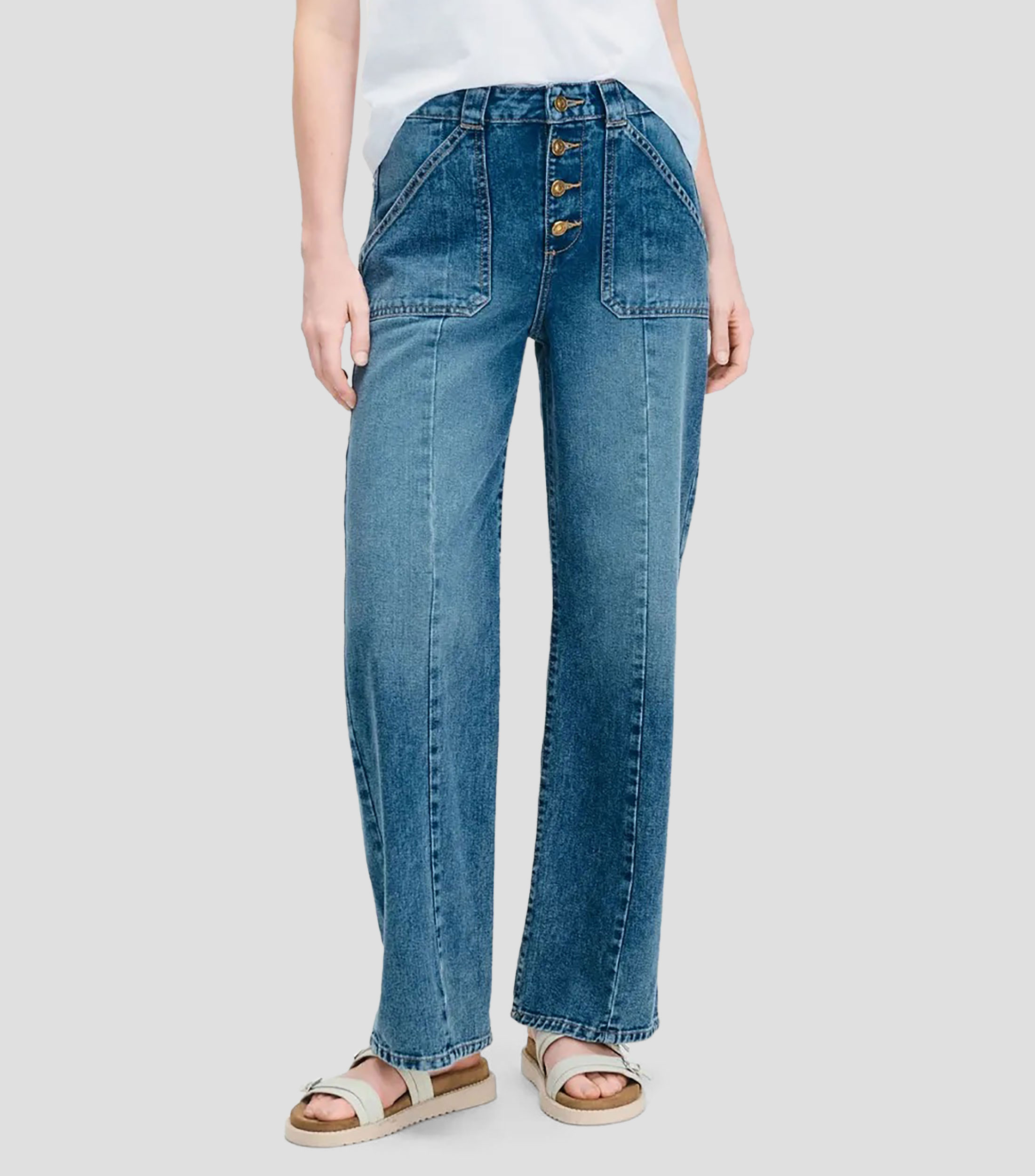 Jeans Wide Leg Tiro Alto Botones Y Maxibolsillos Mujer