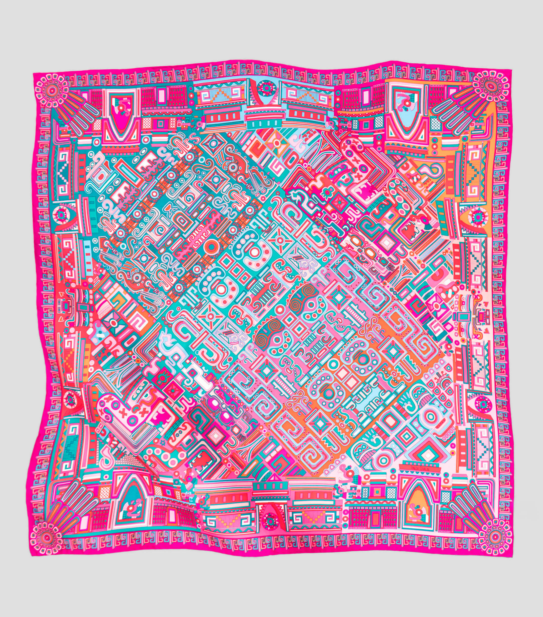 Mascada de seda fucsia con decorado prehispánico Mujer