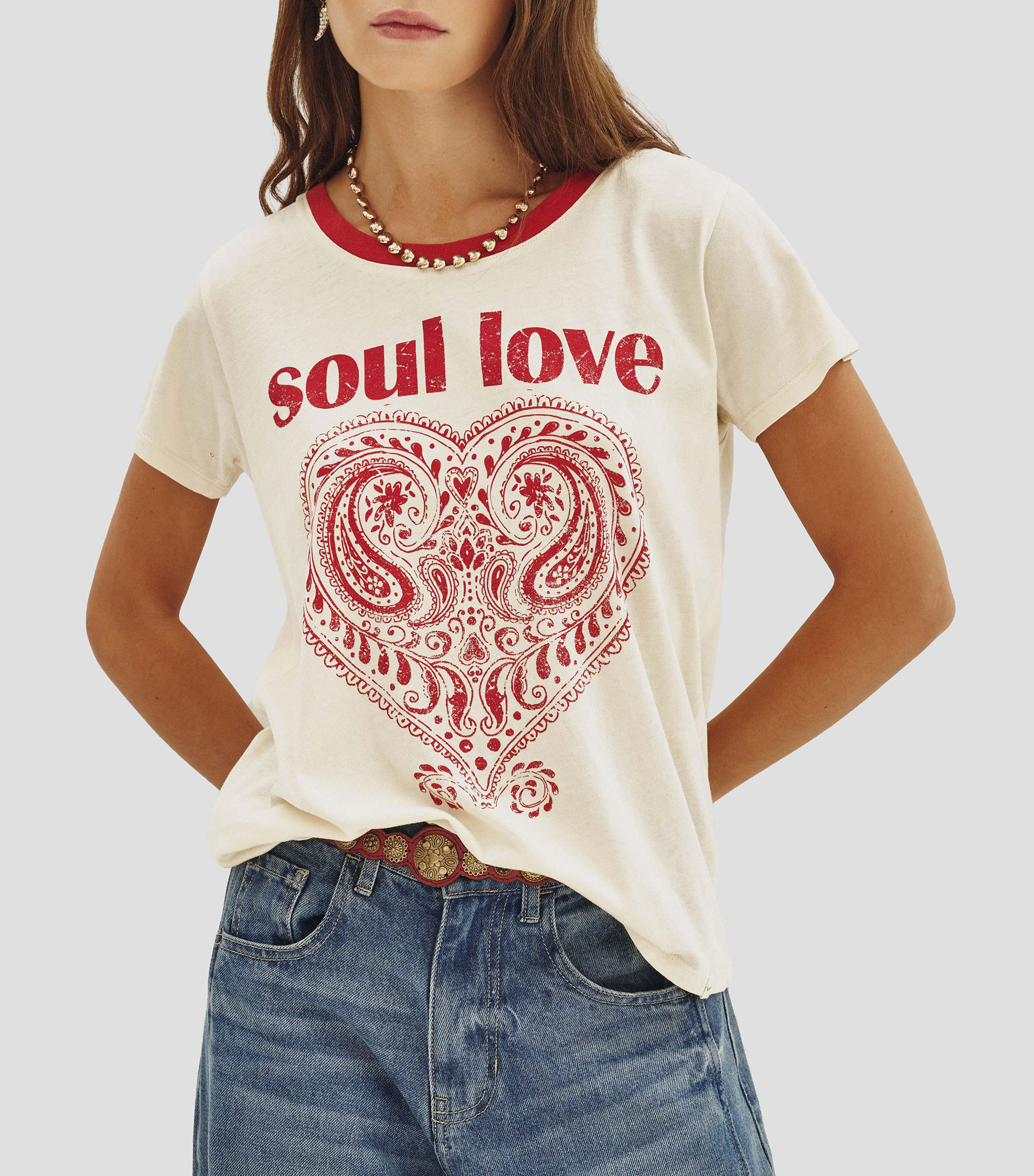 Playera cuello redondo manga corta con estampado Mujer