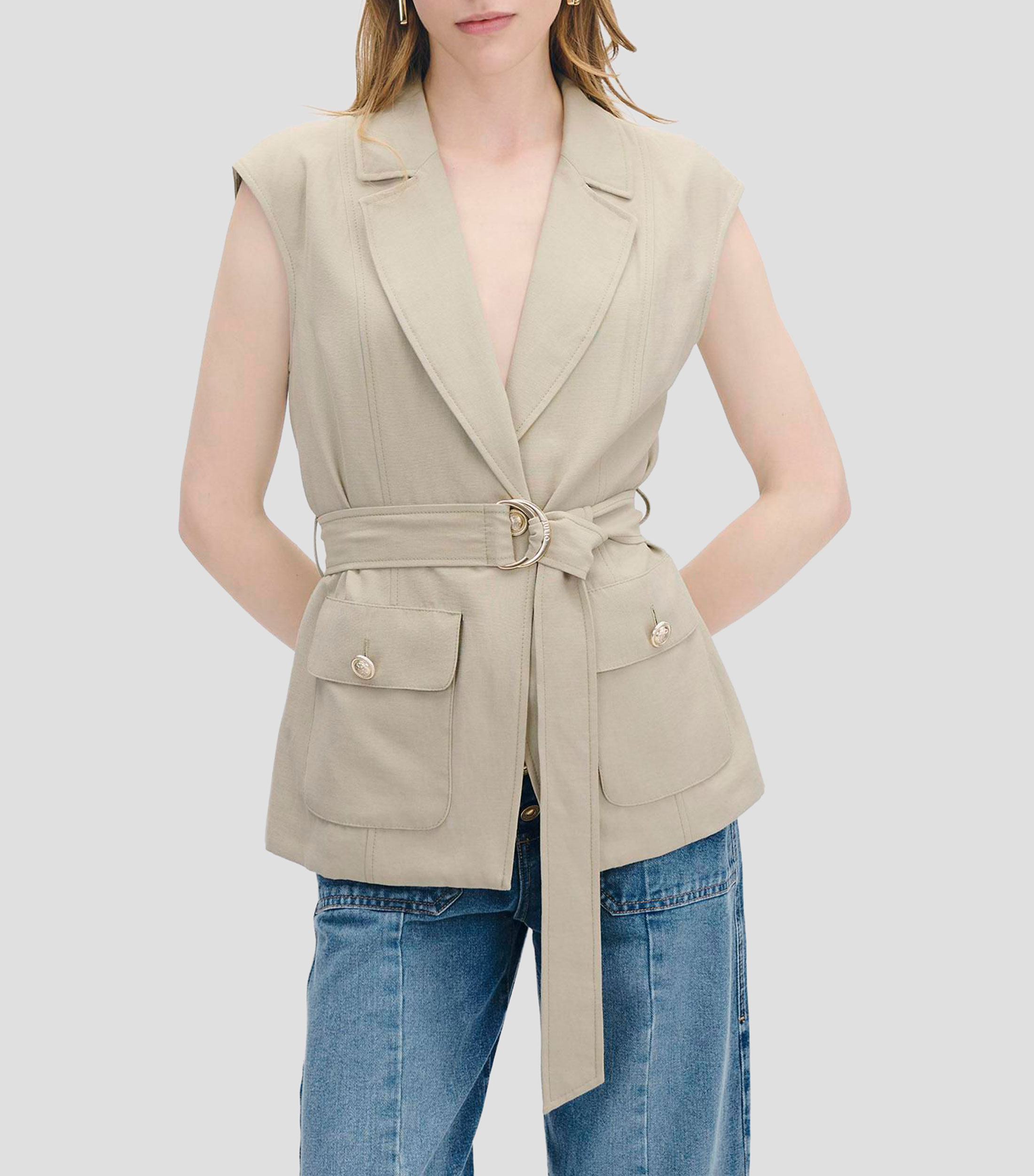 Chaleco largo cruzado con banda Mujer