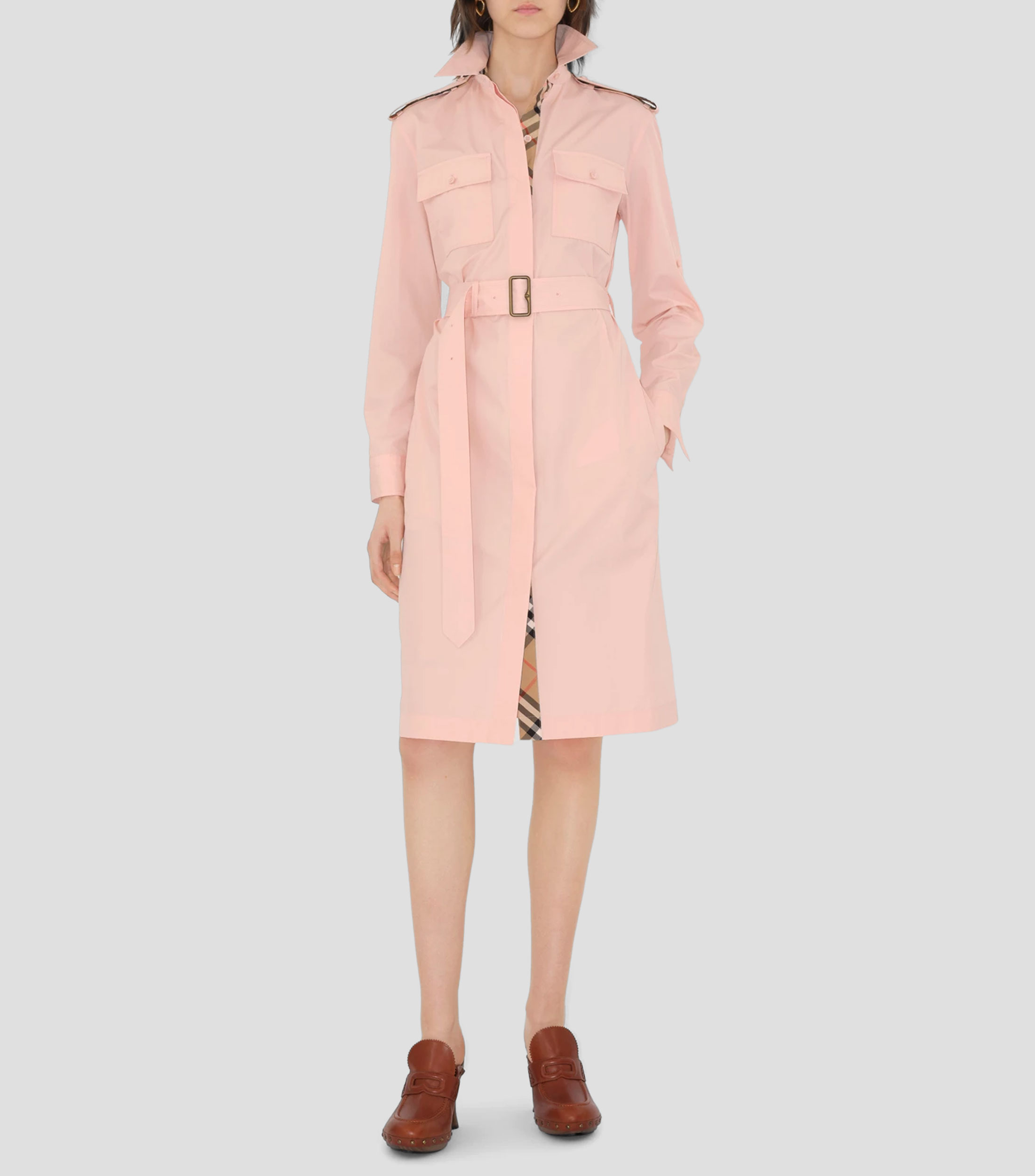 Vestido midi de manga larga camisero Mujer