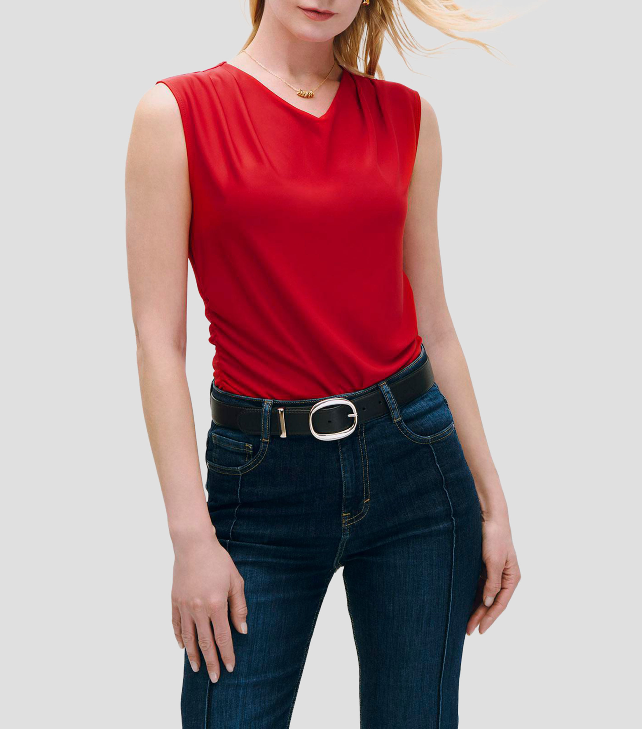 Blusa de punto escote drapeado con alforzas y frunces Mujer