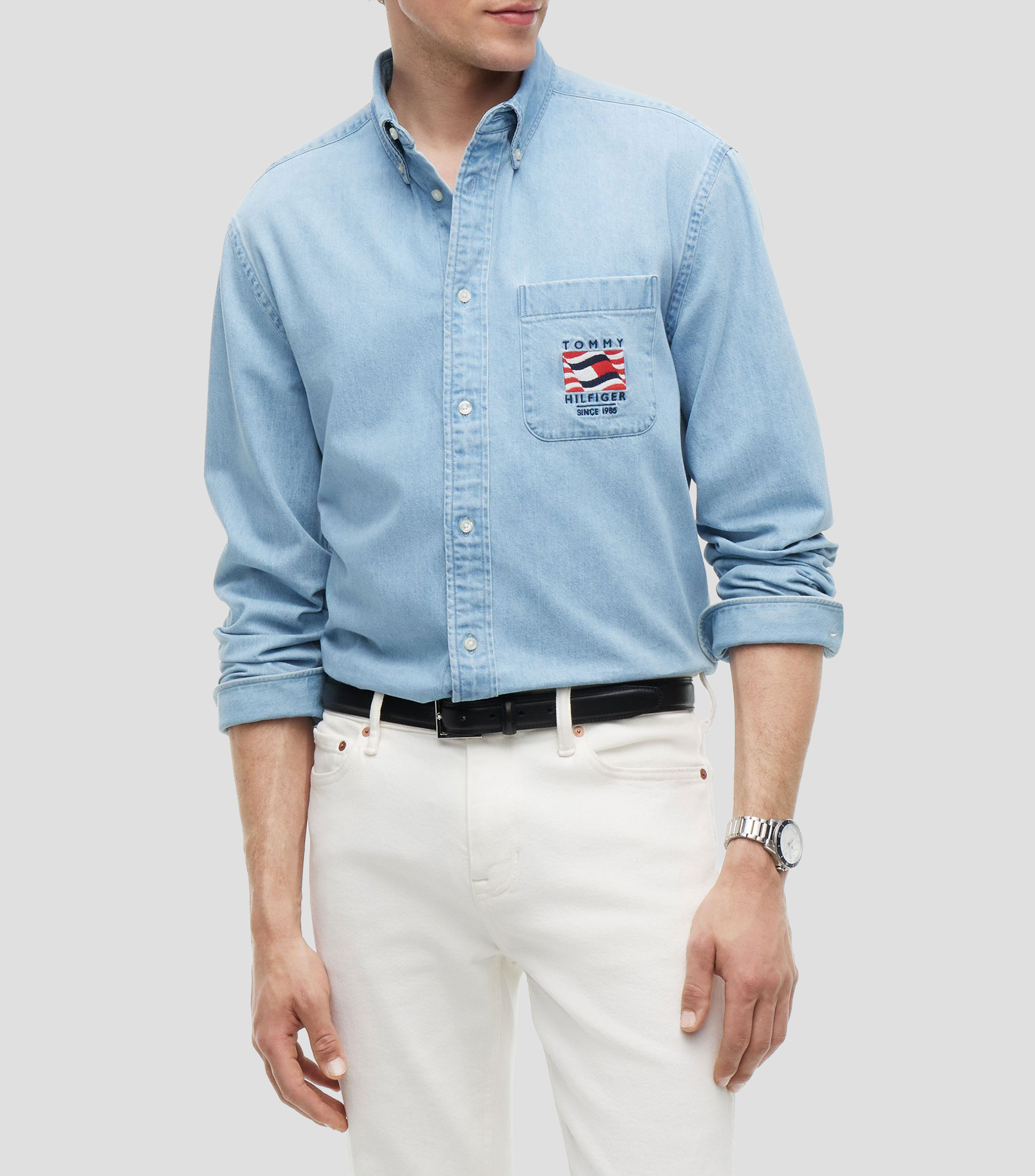 Camisa lisa manga larga cuello camisero Hombre