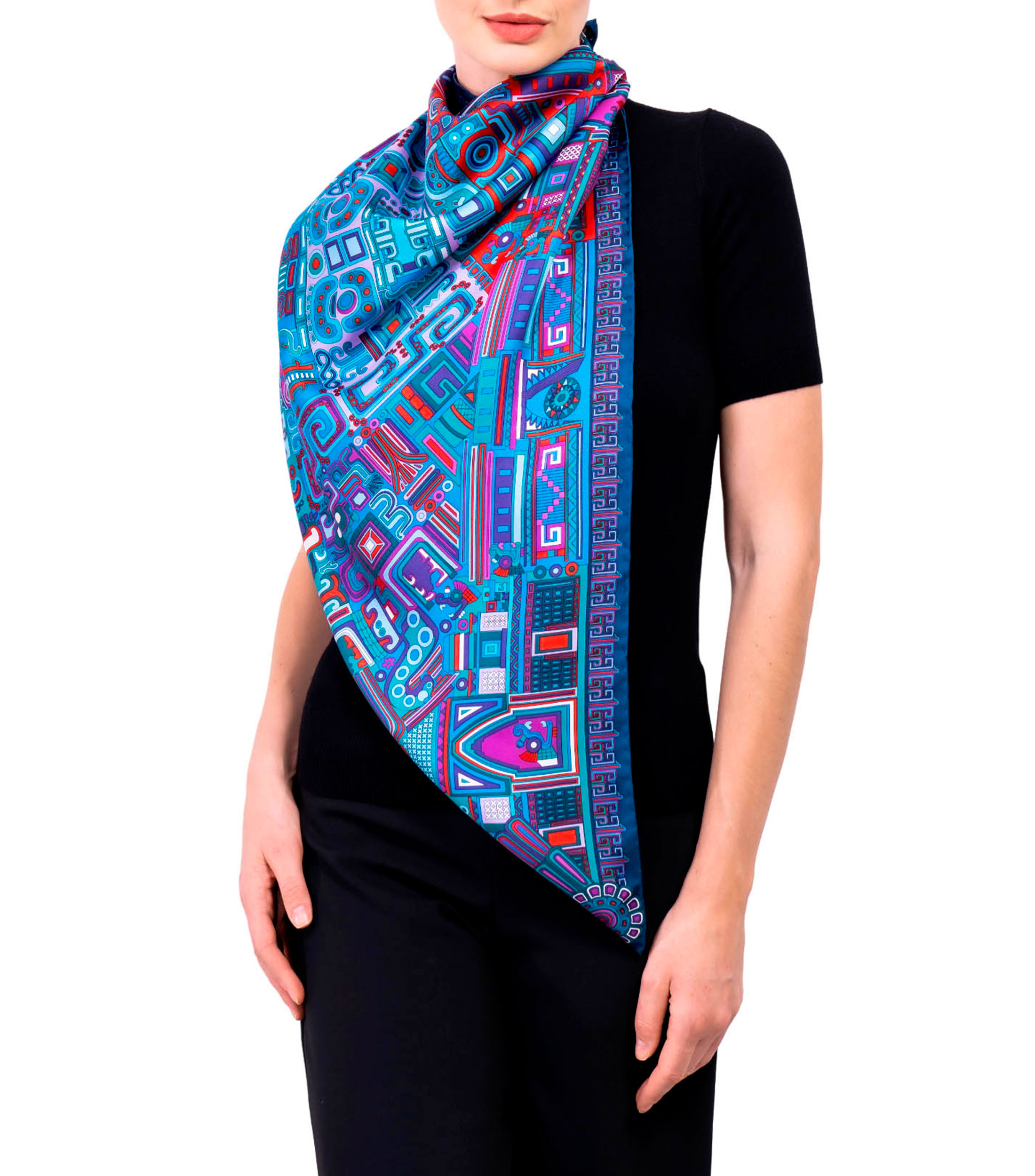 Mascada de seda azul con morado y decorado prehispánico Mujer