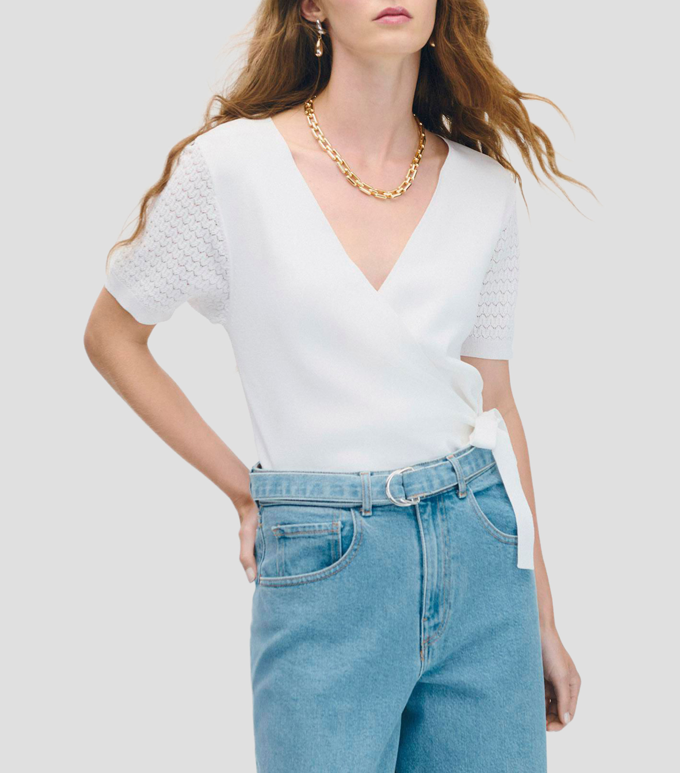 Blusa blanca de punto envolvente manga bordada Mujer