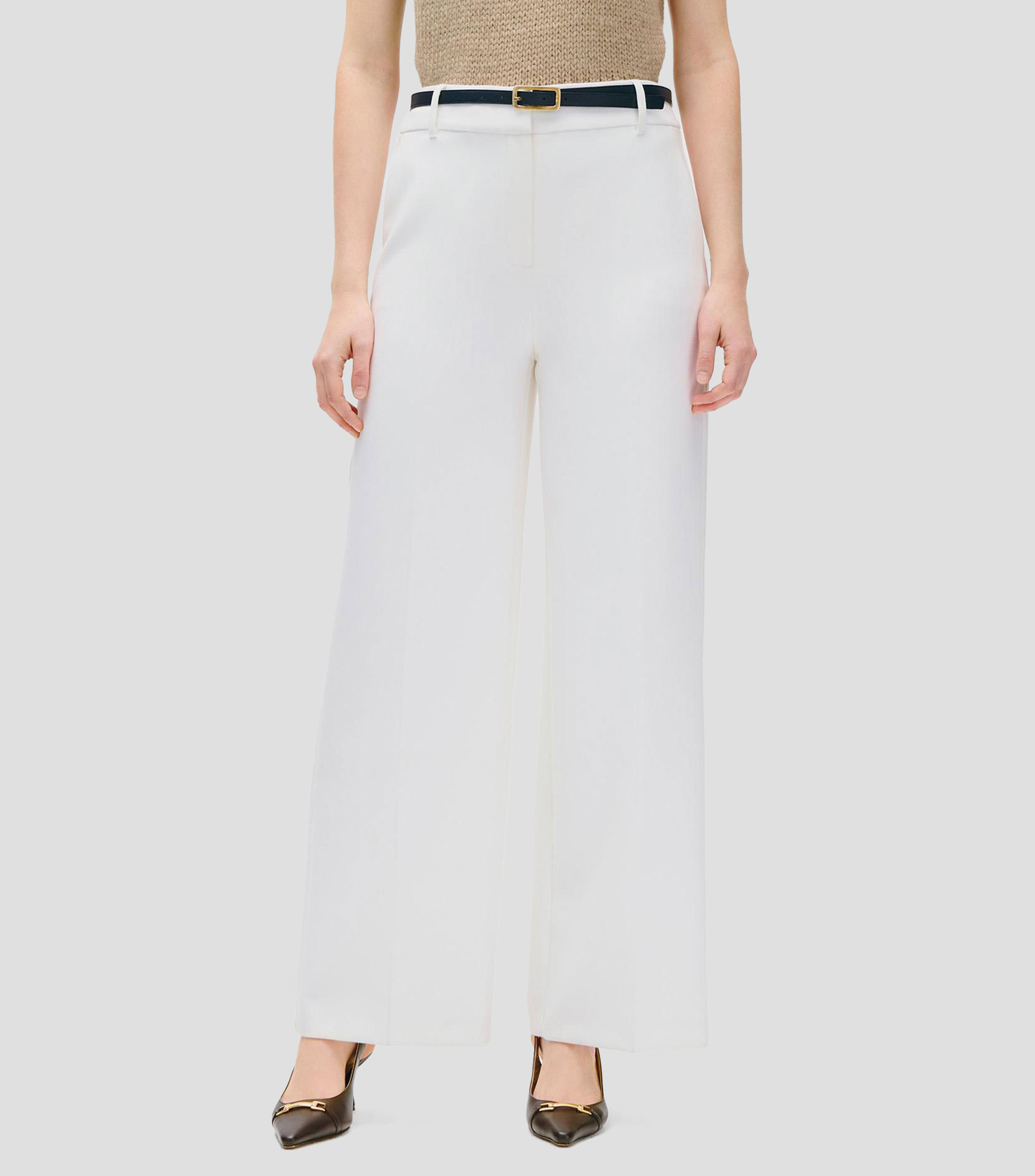 Pantalón blanco wide leg tiro alto, cinturón en contraste Mujer