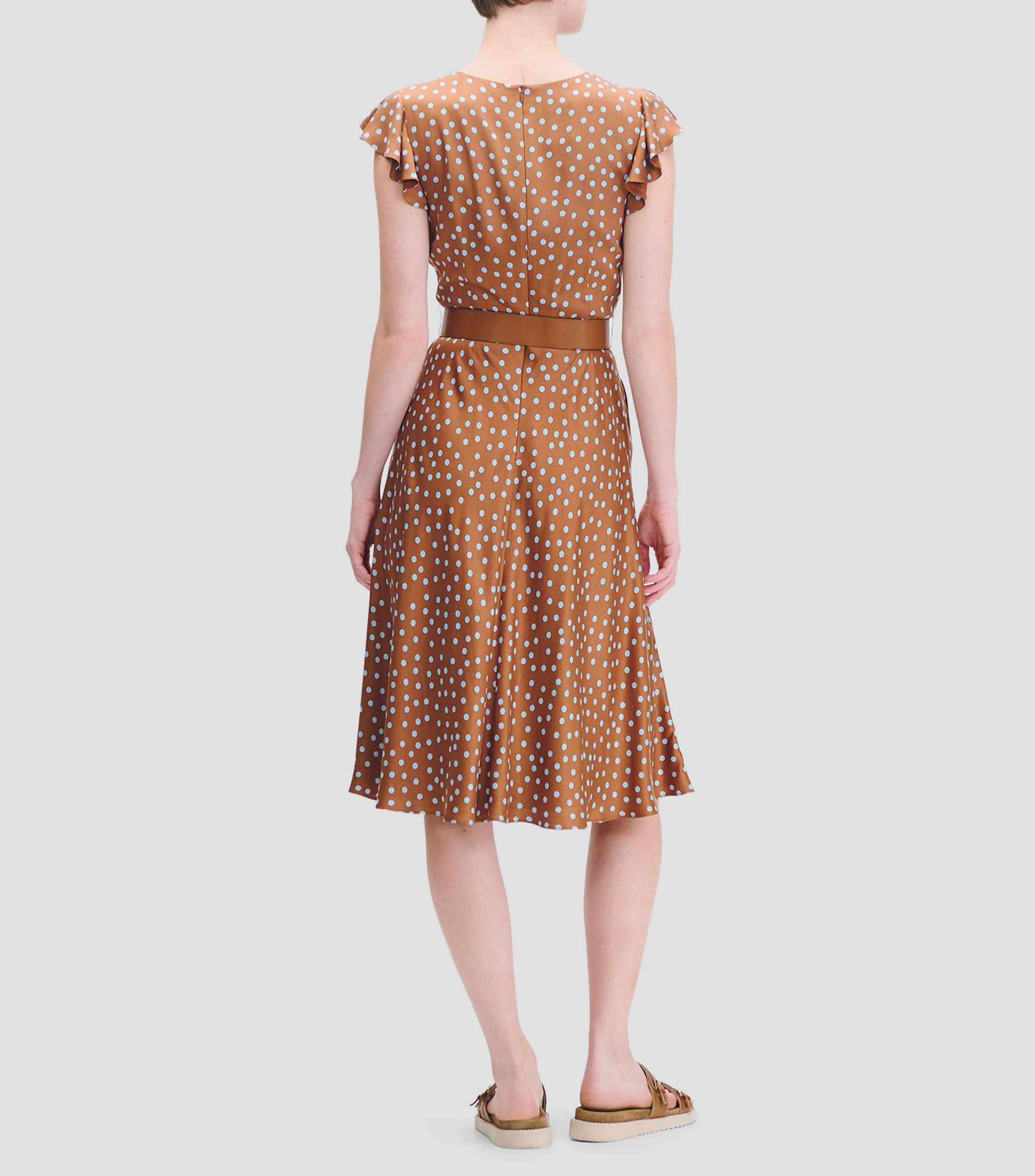 Vestido de satín Fit and Flared lunares y manga escarola Mujer
