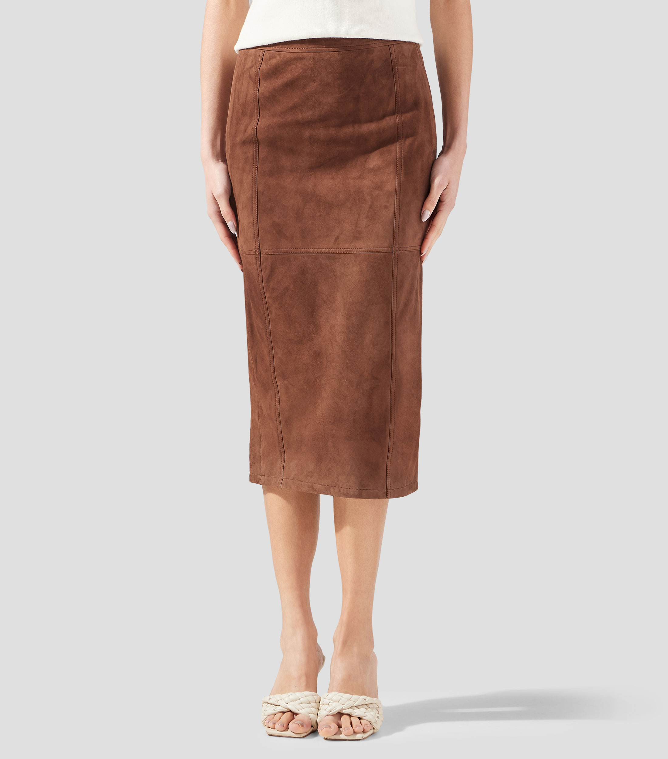 Falda midi de corte recto lisa Mujer
