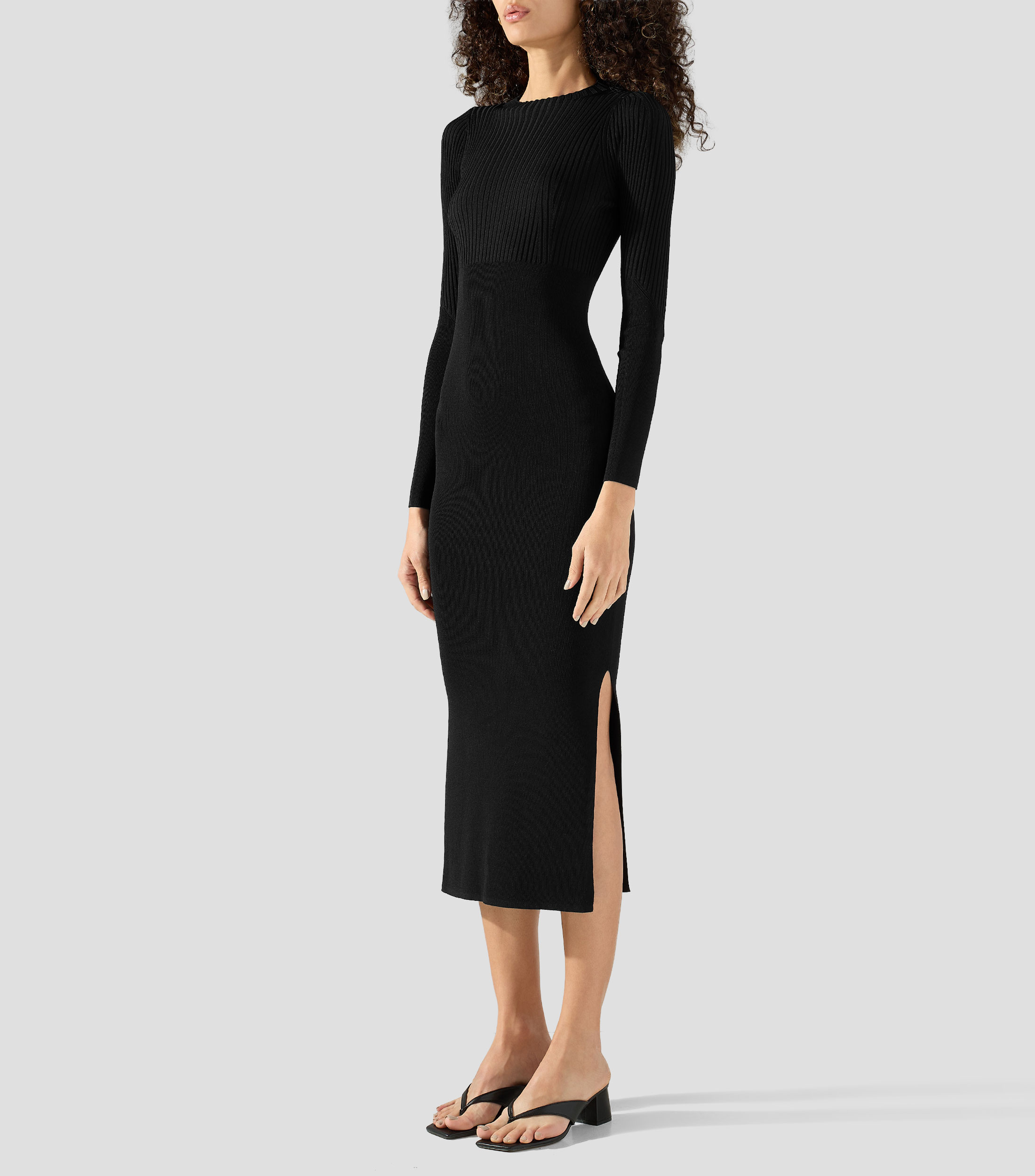 Vestido midi liso con detalle a canalé Mujer