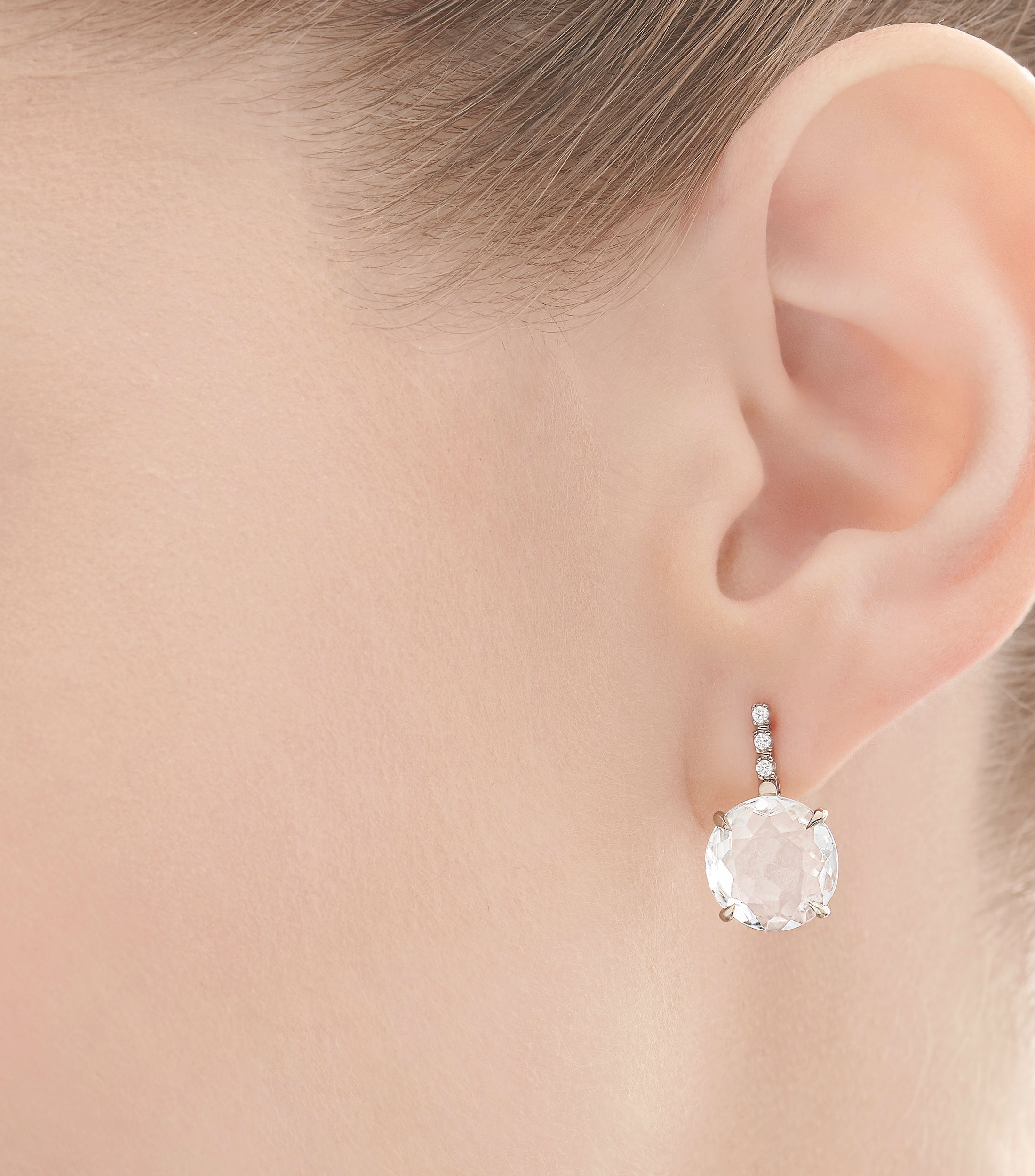 Aretes en oro 18 Kilates cristal de roca con diamantes Mujer