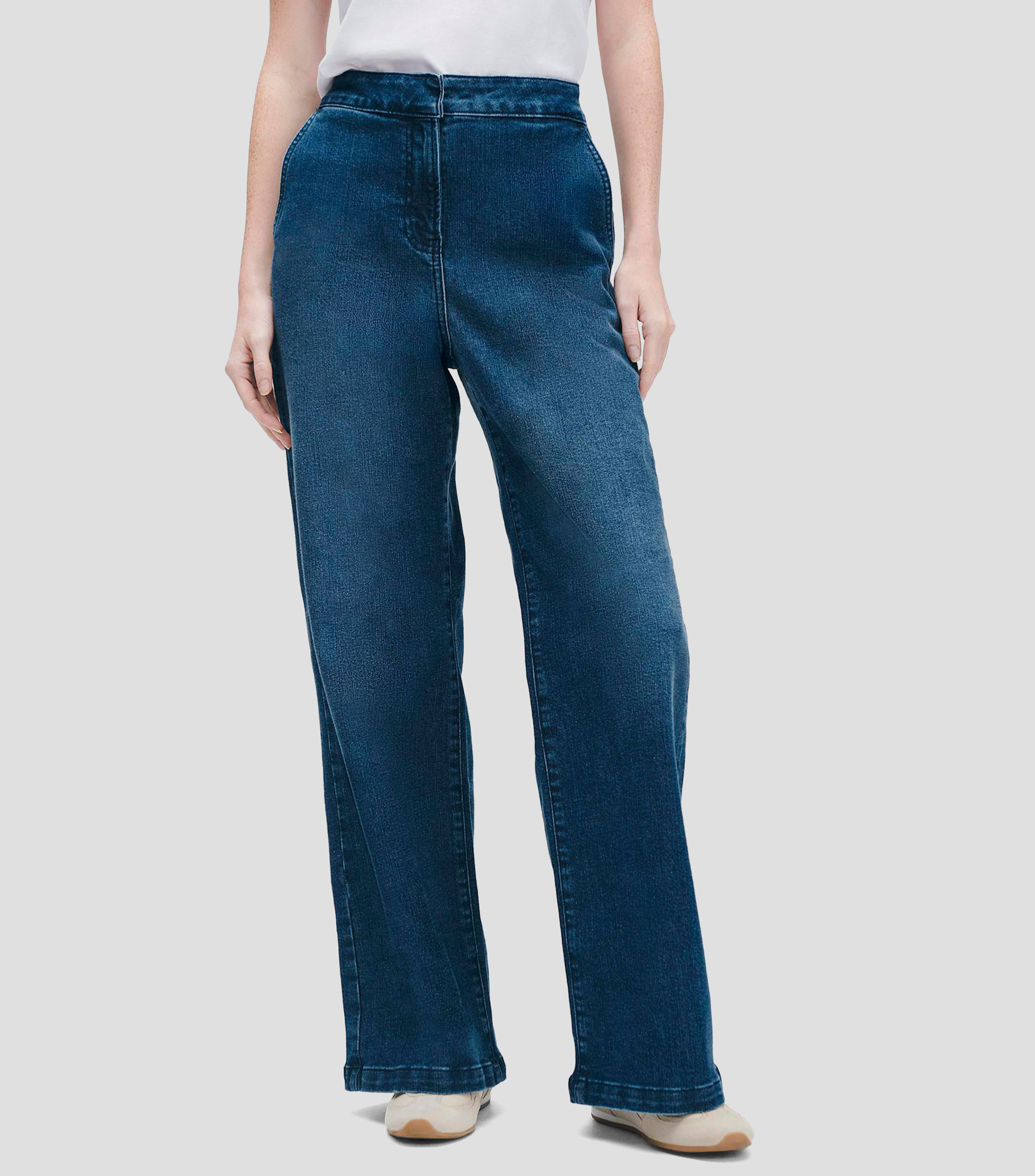 Jeans Wide Leg Tiro Alto Deslavado Bolsillos Diagonales Mujer