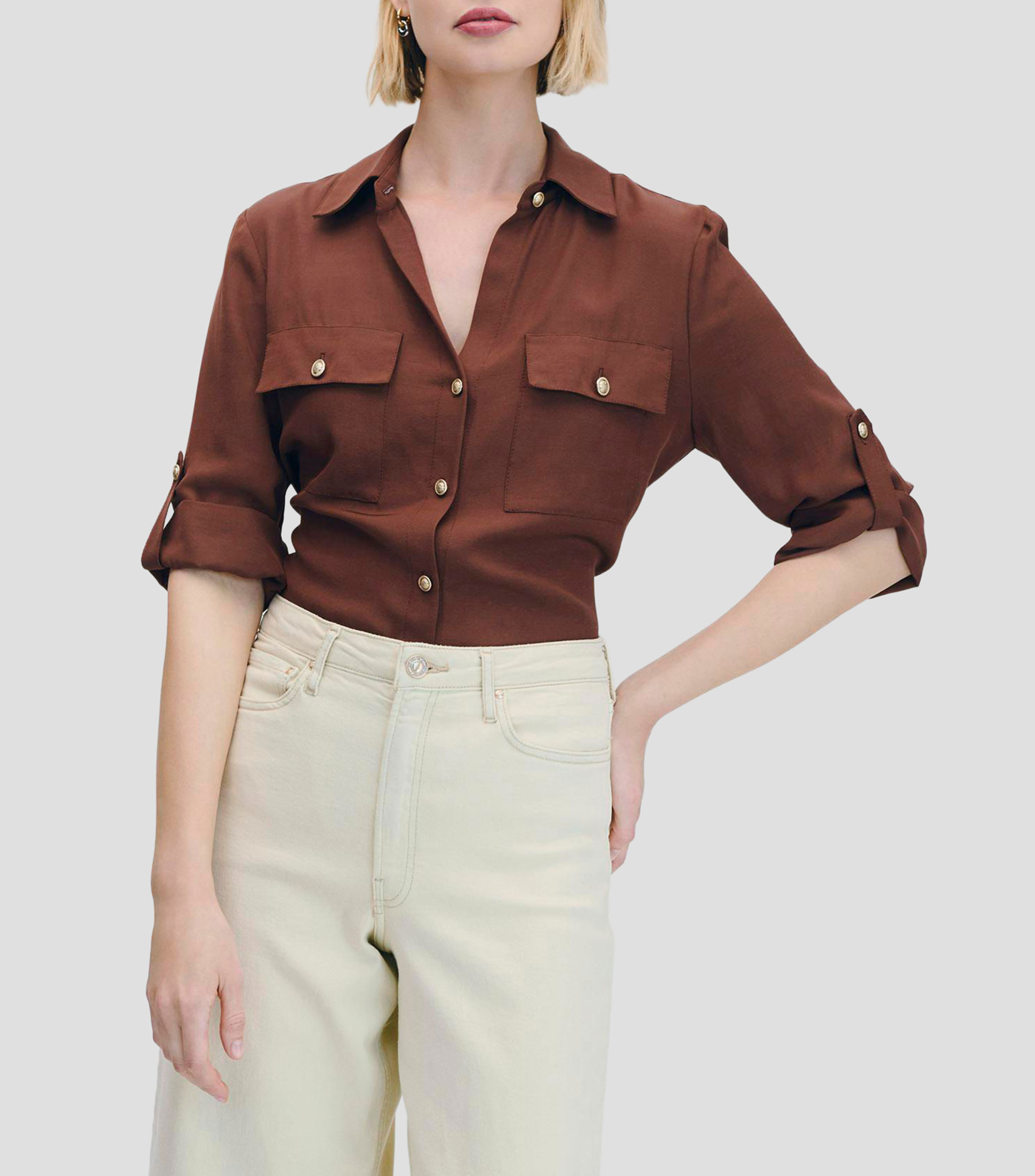Blusa Camisera Con Charreteras Manga 3/4 Mujer