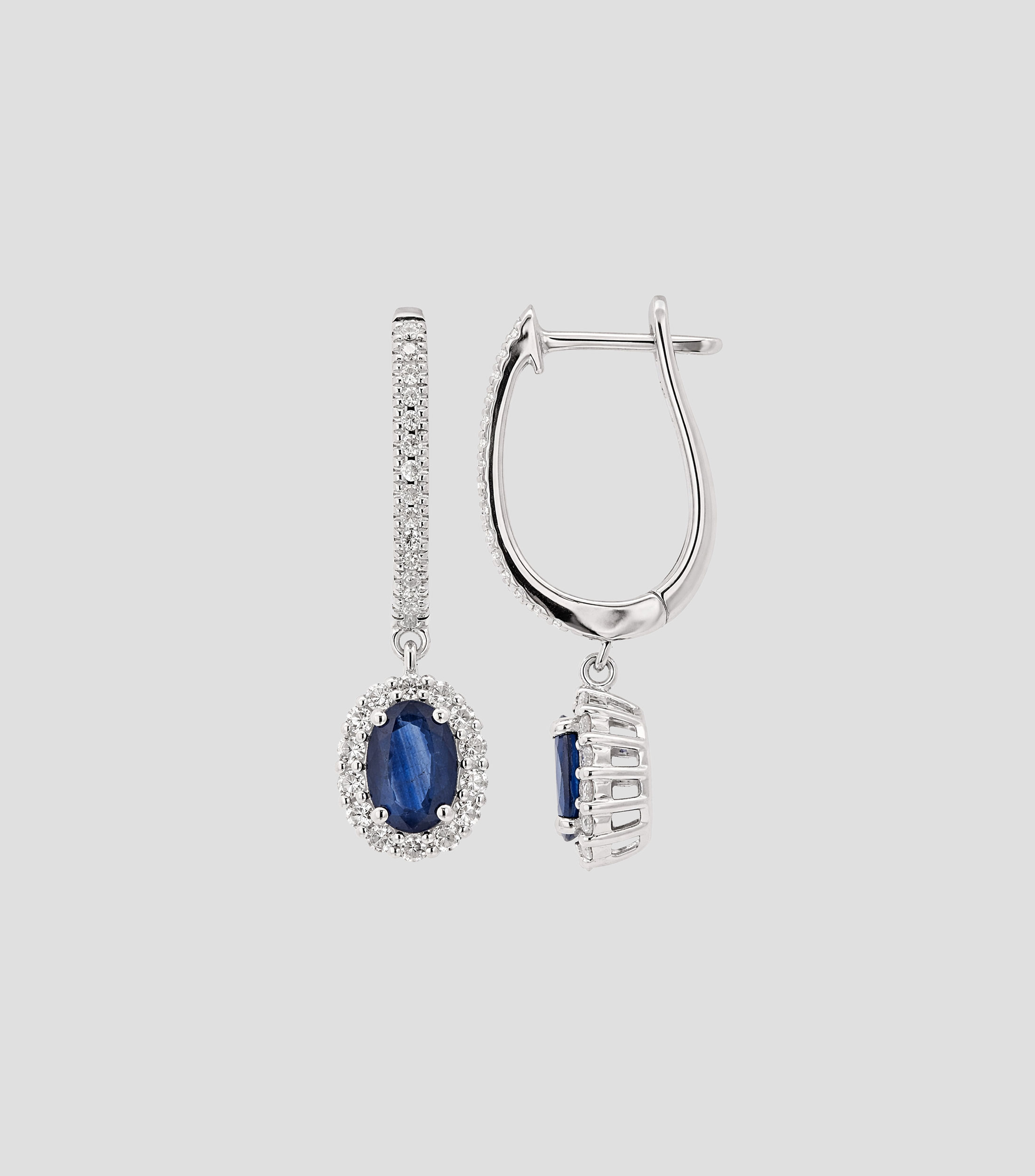 Aretes en oro blanco de 14 kilates con diamantes y zafiro Mujer