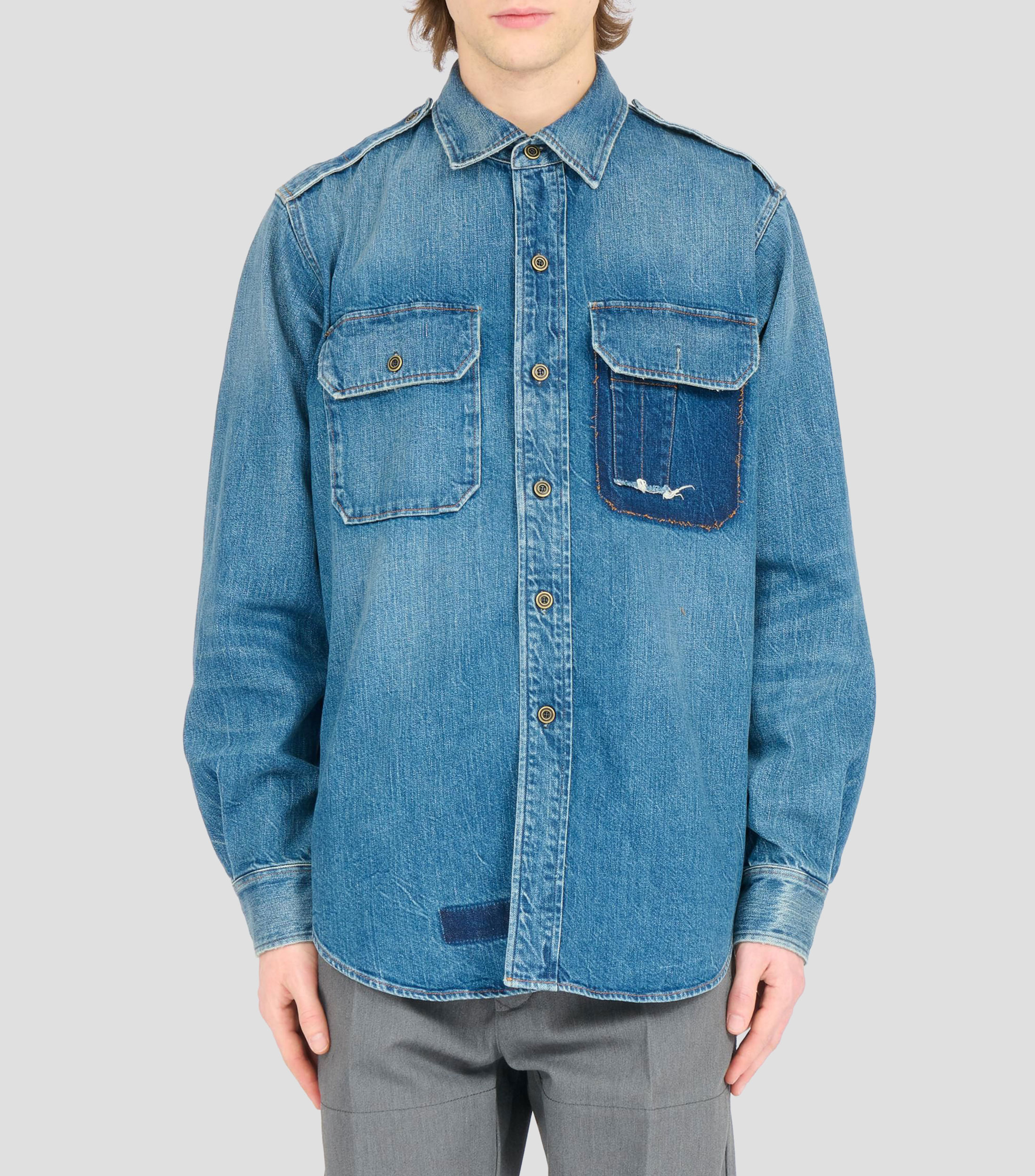 Camisa lisa de mezclilla con manga larga Hombre