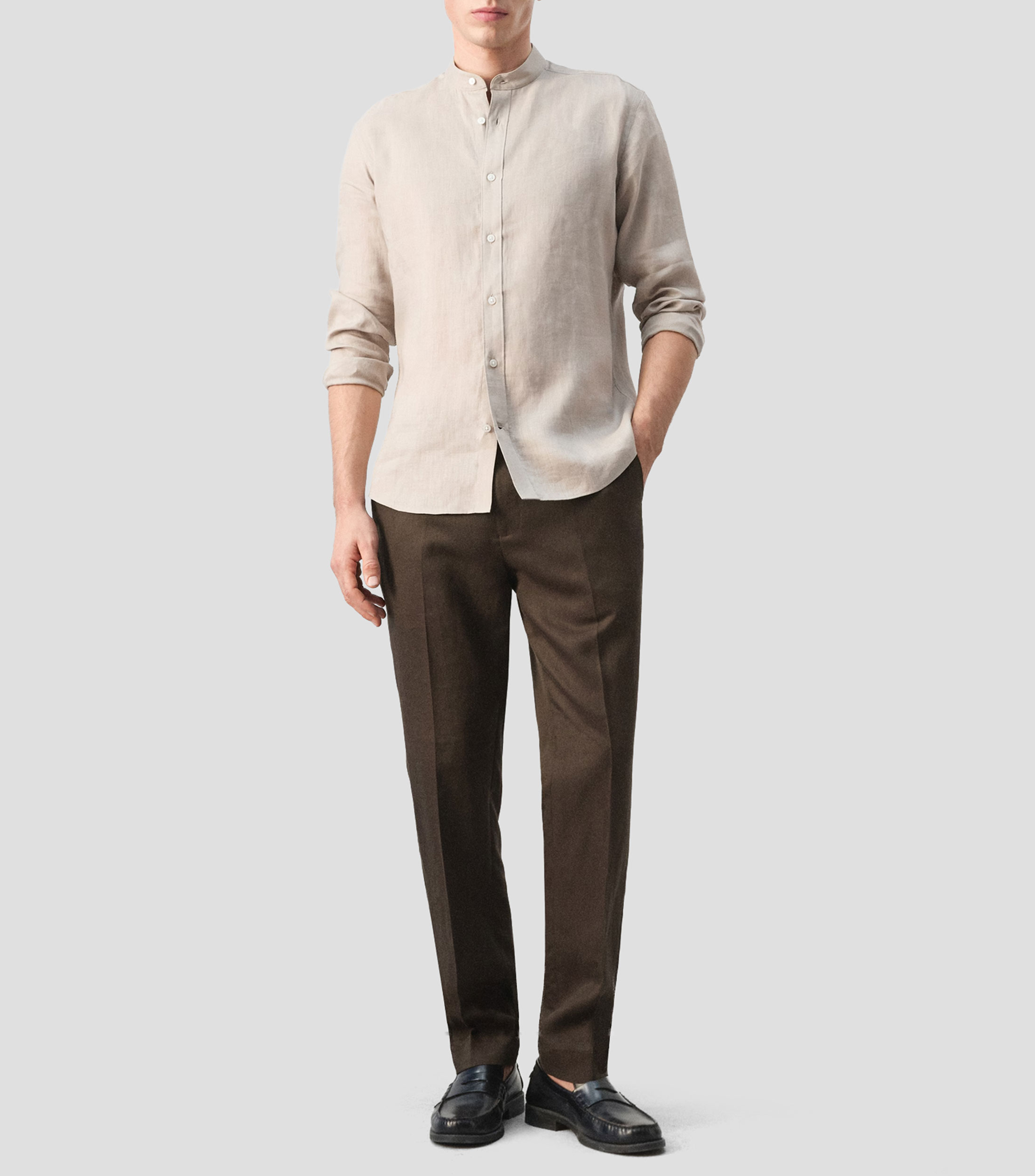 Camisa lisa cuello mao manga larga Hombre