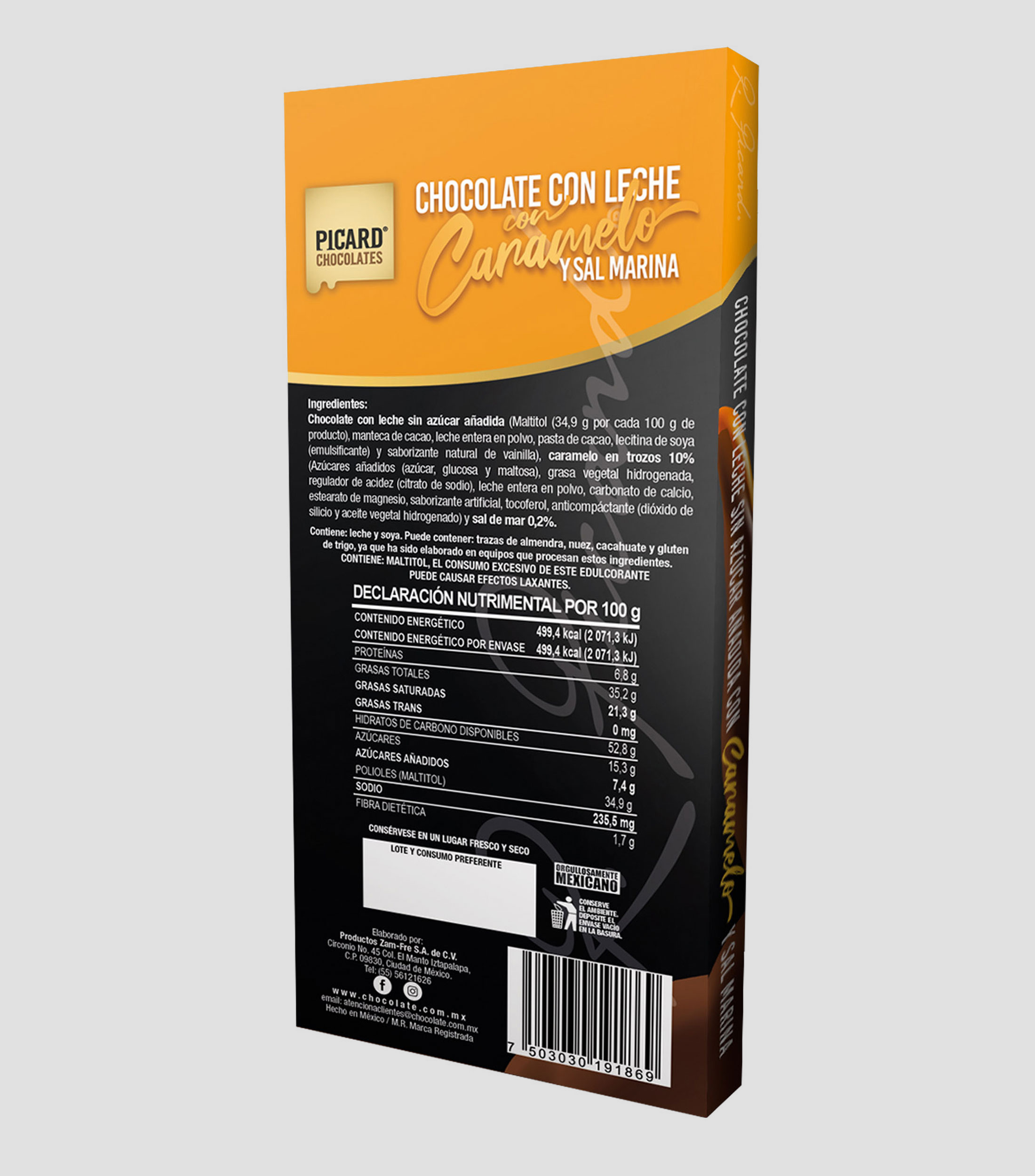 Barra de Chocolate con leche, caramelo y sal, 100 gr