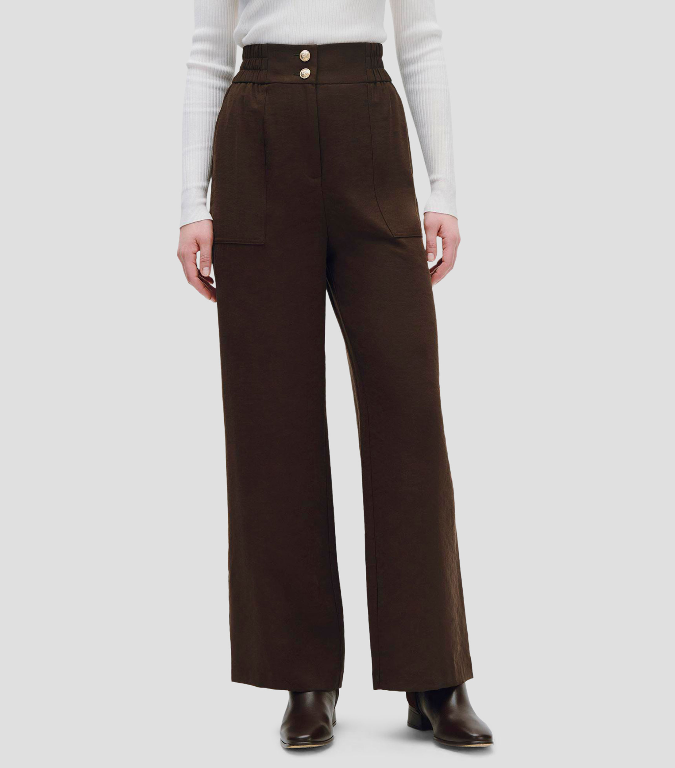 Pantalón Recto Fluido Tiro Alto Chocolate Pretina Enresortada Mujer