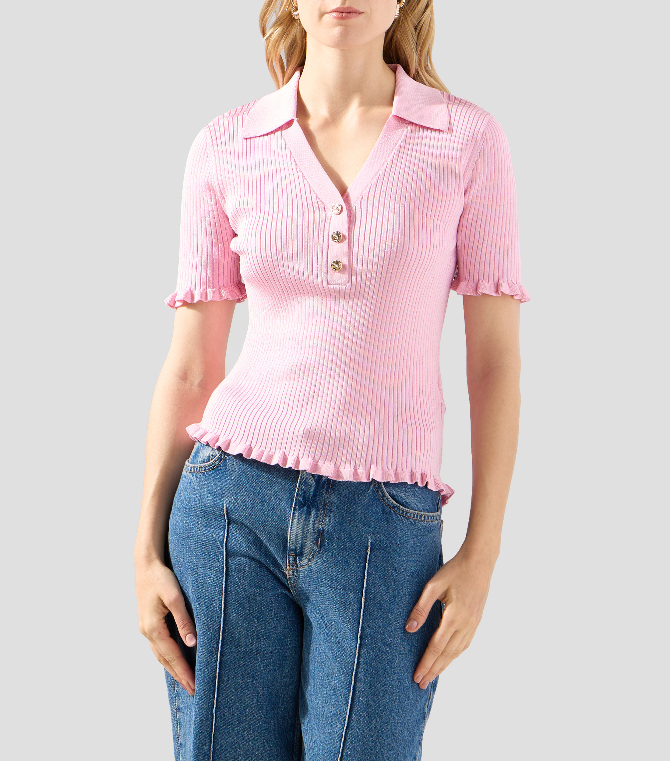 Blusa lisa canalé manga corta Mujer