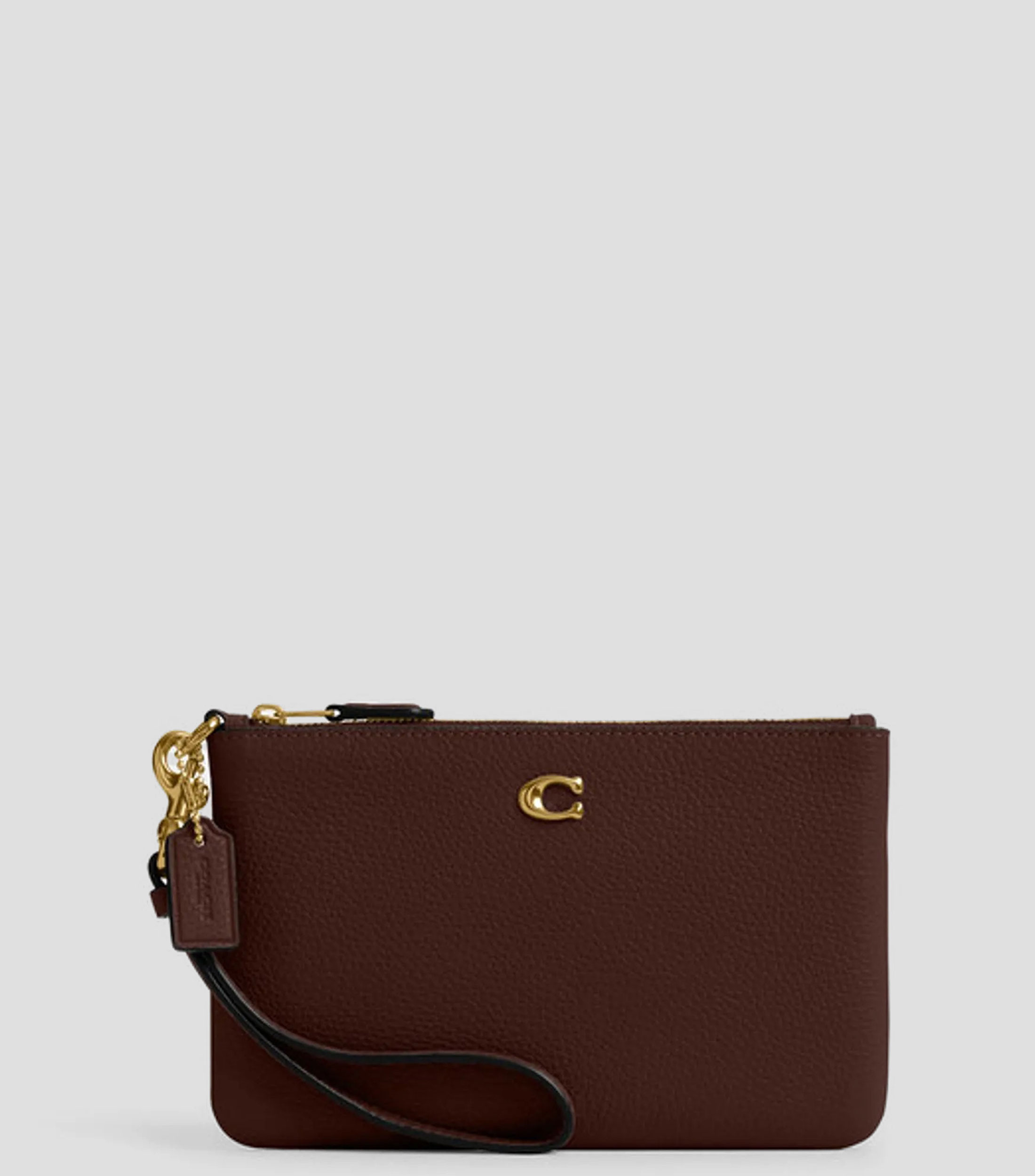 Bolsa Wristlet en piel vacuna con logo Mujer