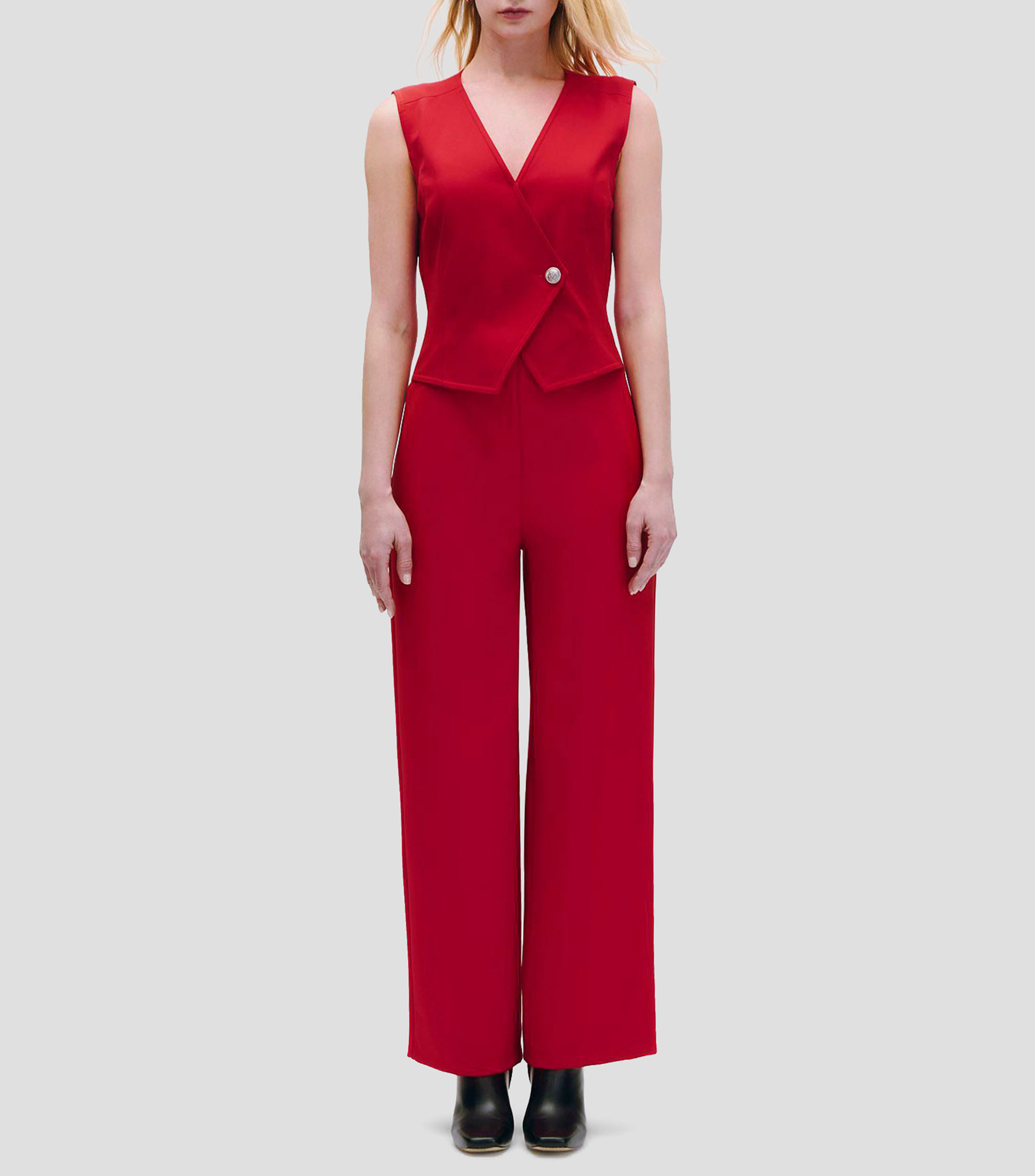 Jumpsuit recto fluido de punto chaleco simulado cruzado Mujer