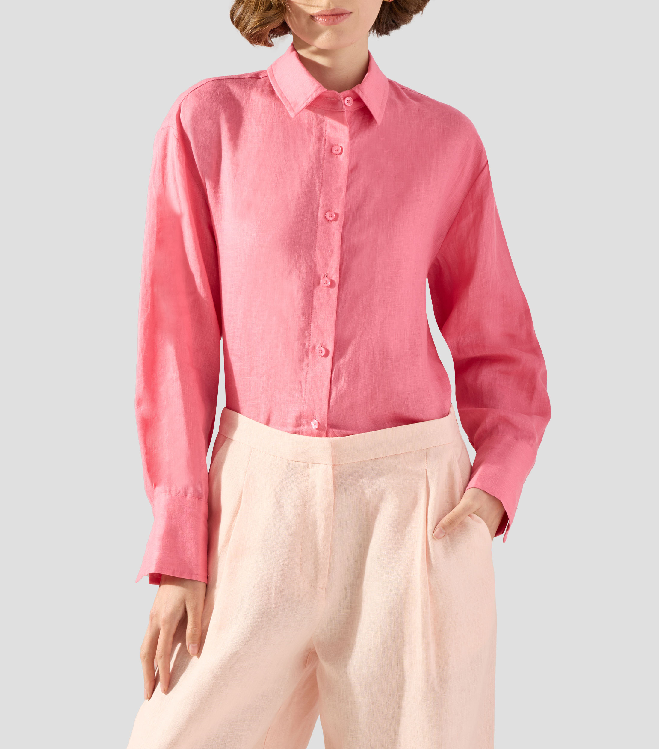 Camisa lisa en lino con manga larga Mujer