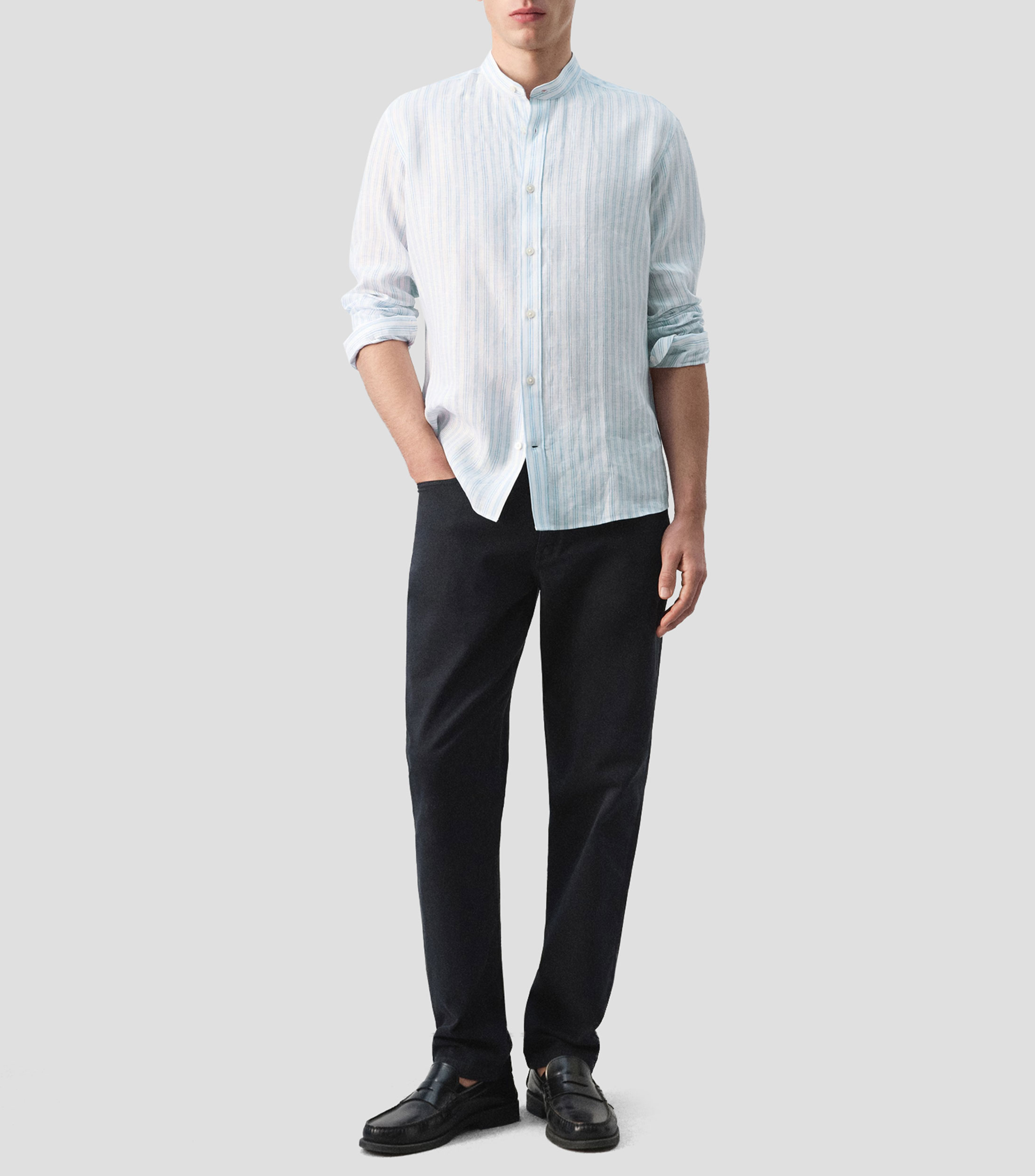 Camisa lisa cuello mao manga larga Hombre