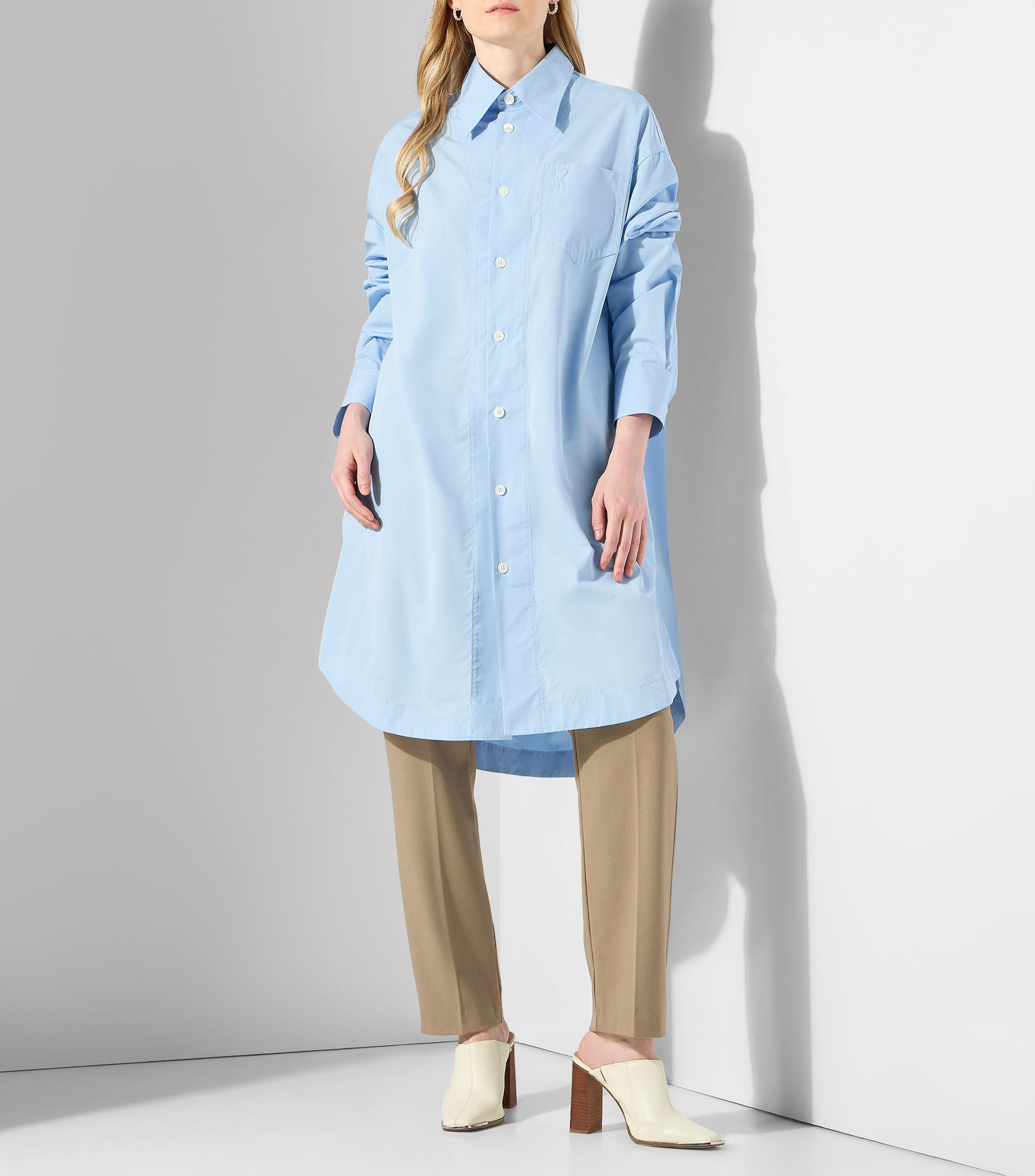 Vestido camisero midi con manga larga liso Mujer