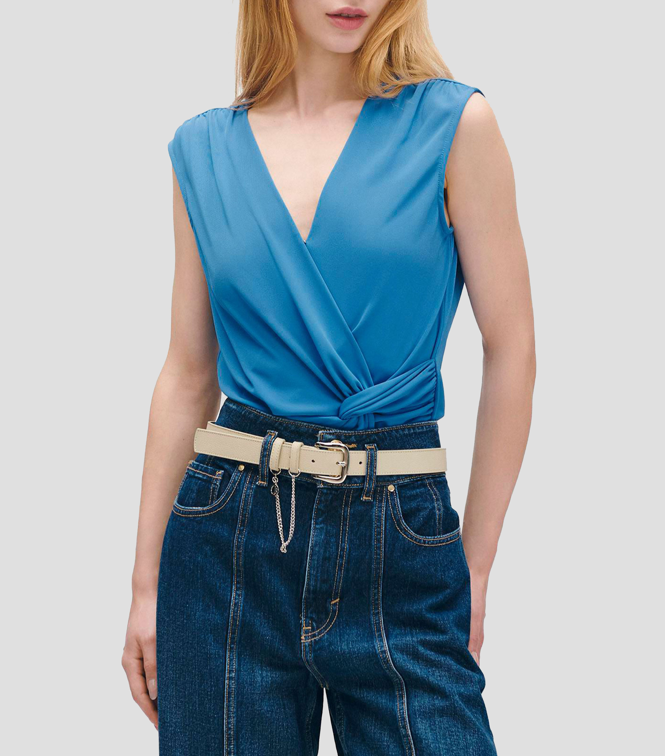 Blusa de Punto Cruzada Azul Azulino Drapeado Nudo en Cintura Mujer